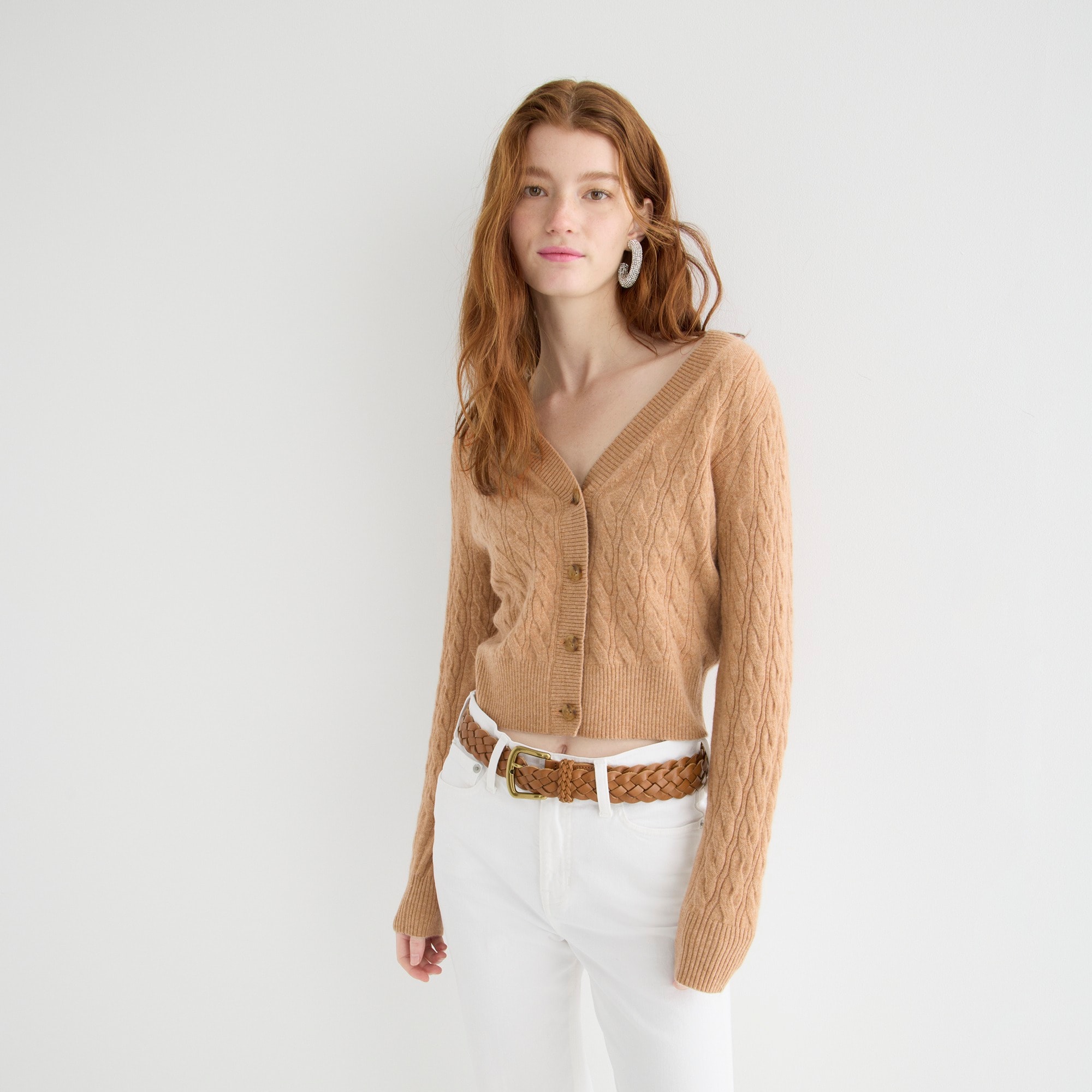 Cashmere cropped cable-knit V-neck cardigan sweater
