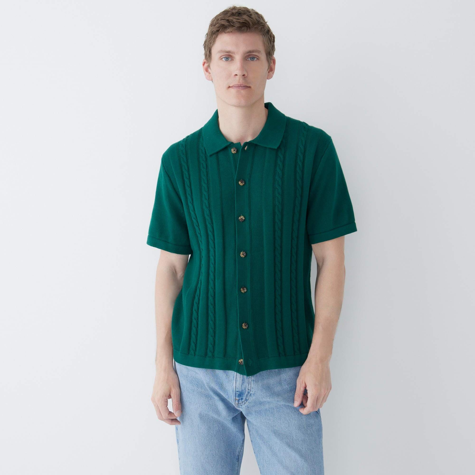 Short-sleeve cotton cable-knit cardigan sweater-polo