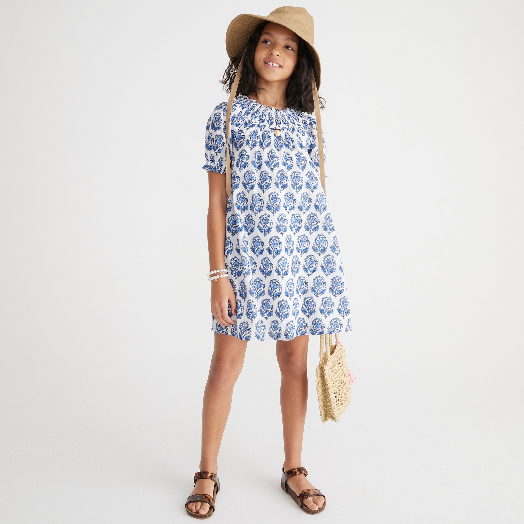 Girls' smocked-neck dress in prints