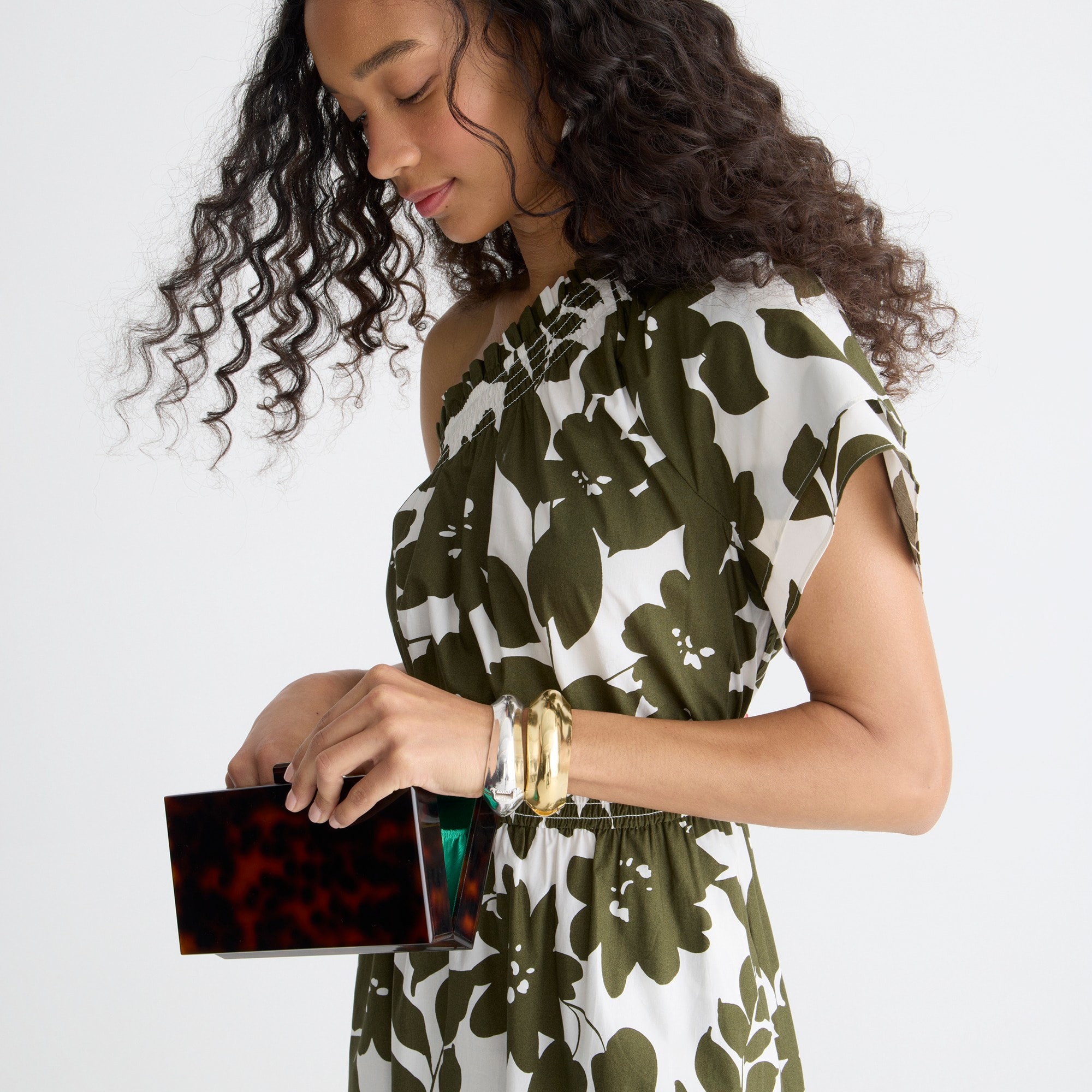 Smocked cotton poplin one-shoulder dress in leafy floral