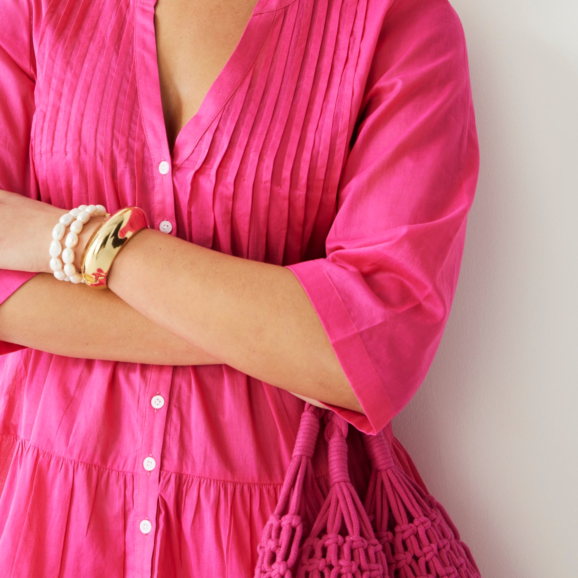 Button-front tiered cover-up dress in cotton voile