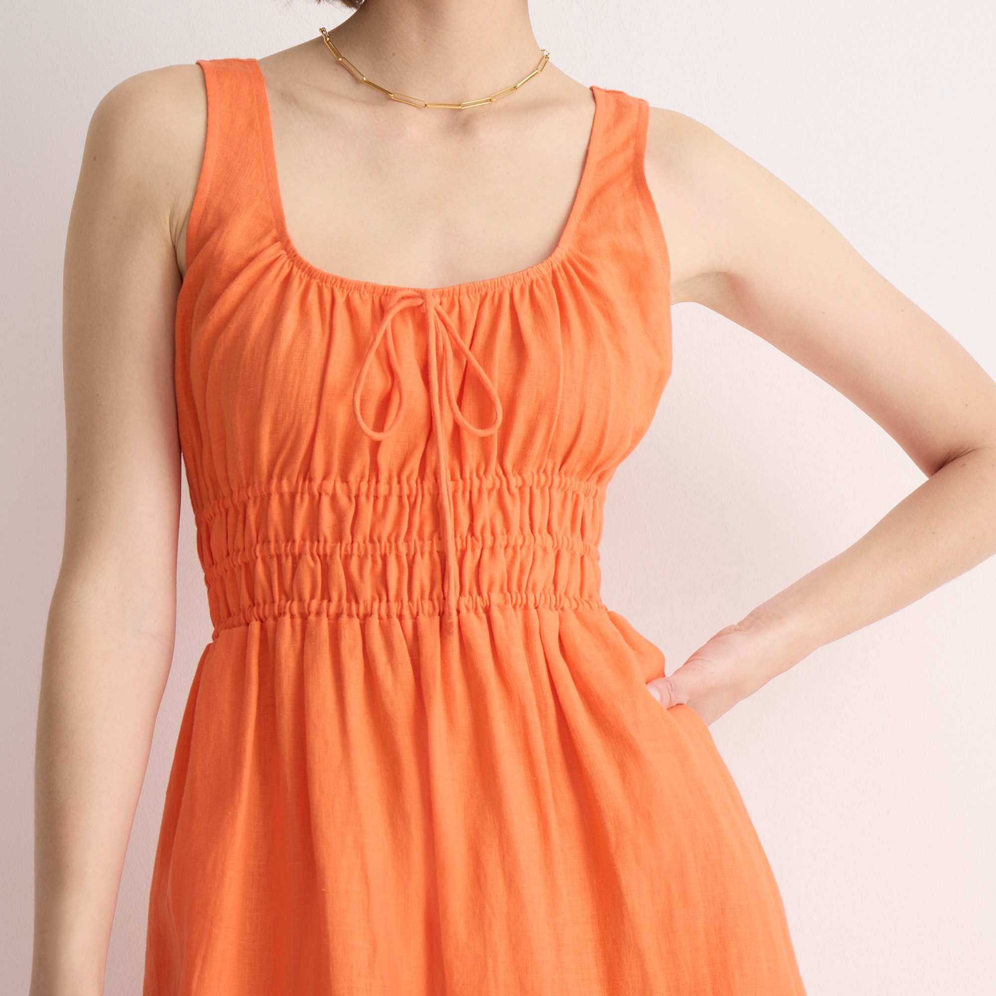 Smocked midi dress in linen