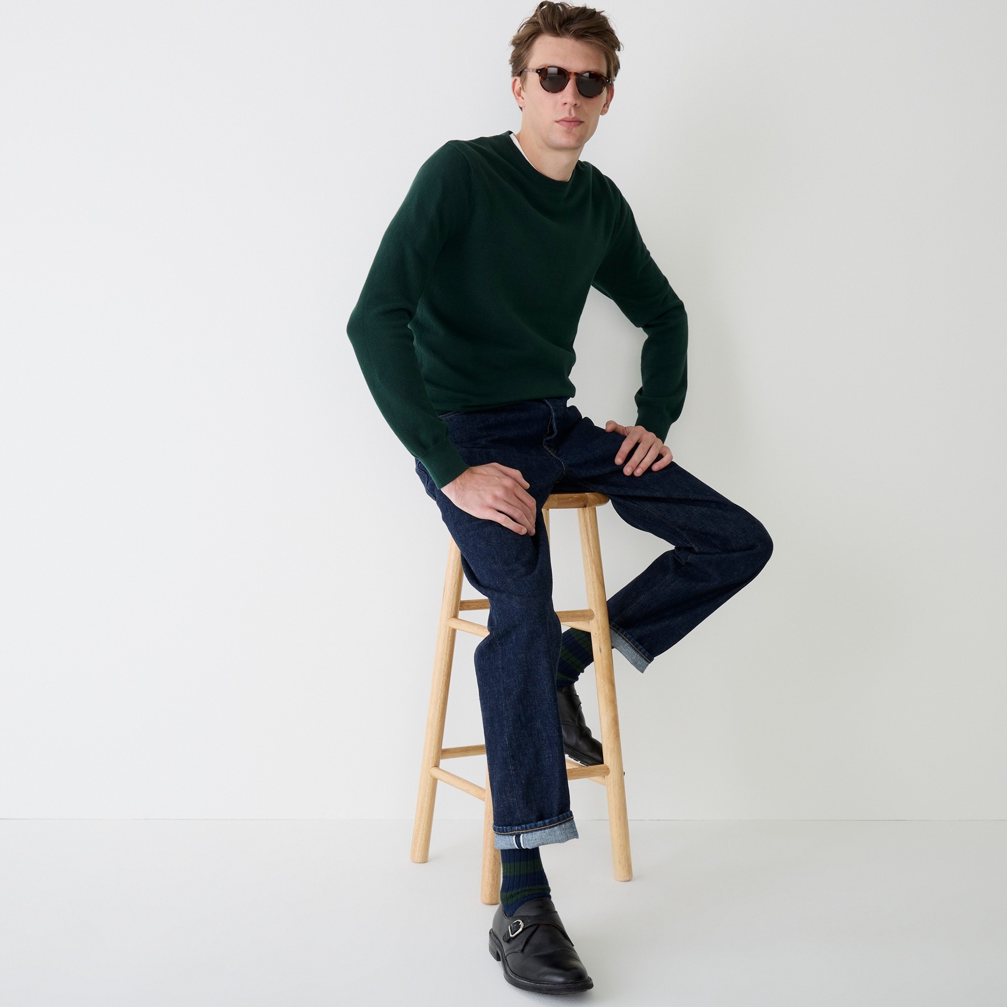 Cotton piqué-stitch crewneck sweater