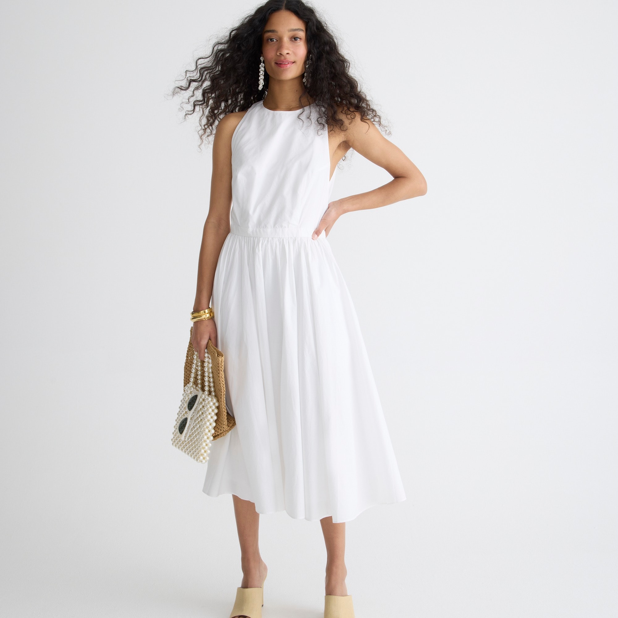High-neck cotton poplin midi dress