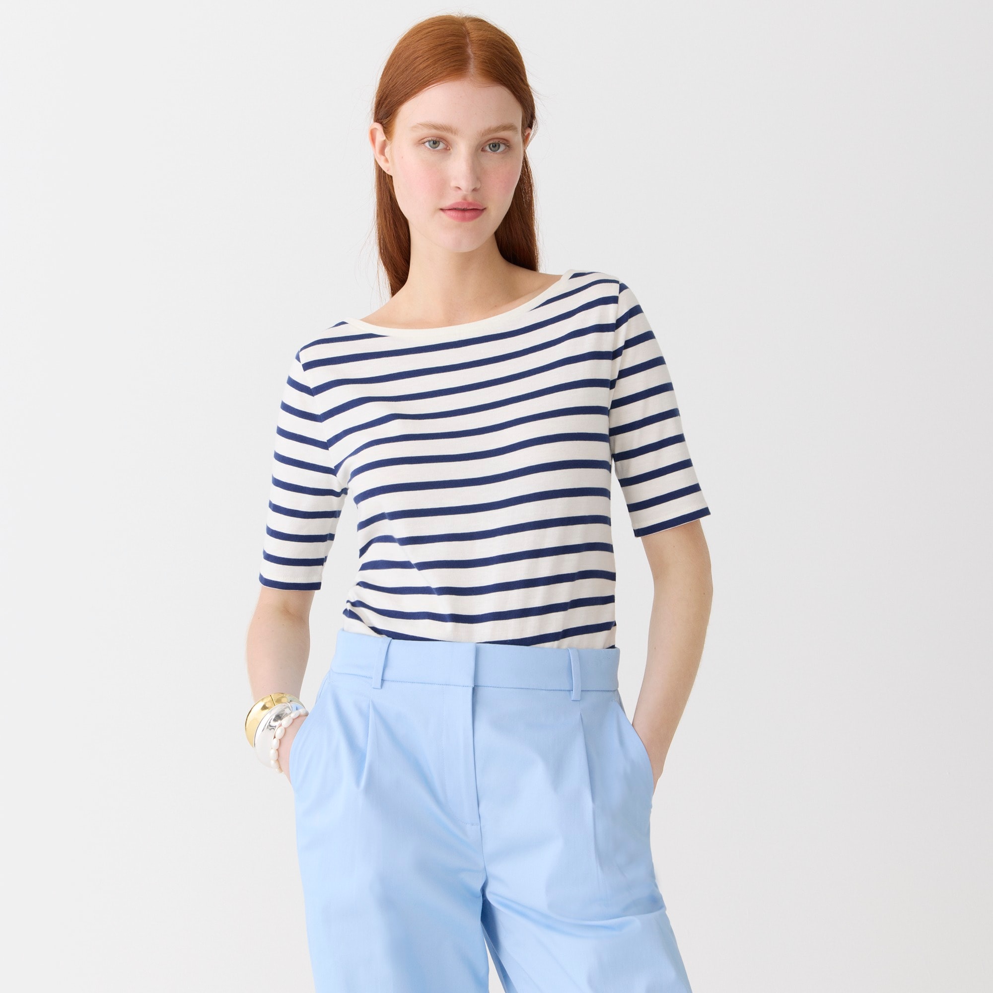 Elbow-sleeve T-shirt in striped organic slub cotton