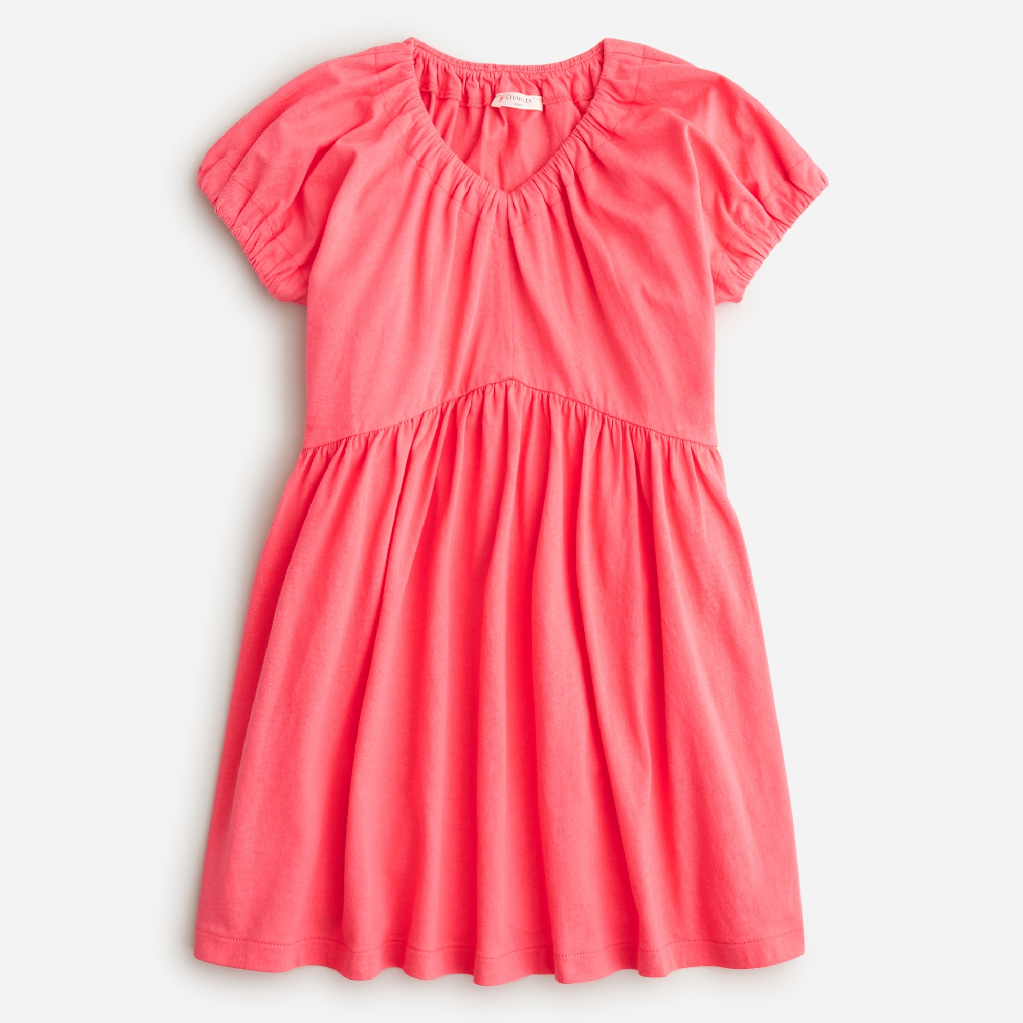 Girls' V-neck puff-sleeve dress in broken-in jersey