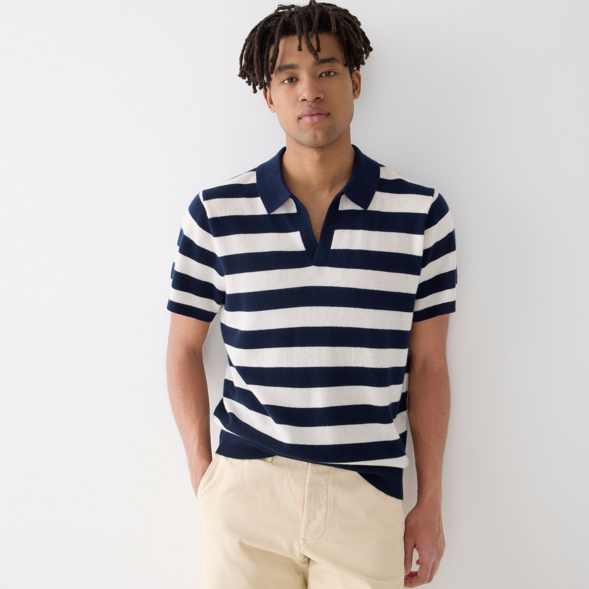 Cashmere short-sleeve johnny-collar sweater in stripe