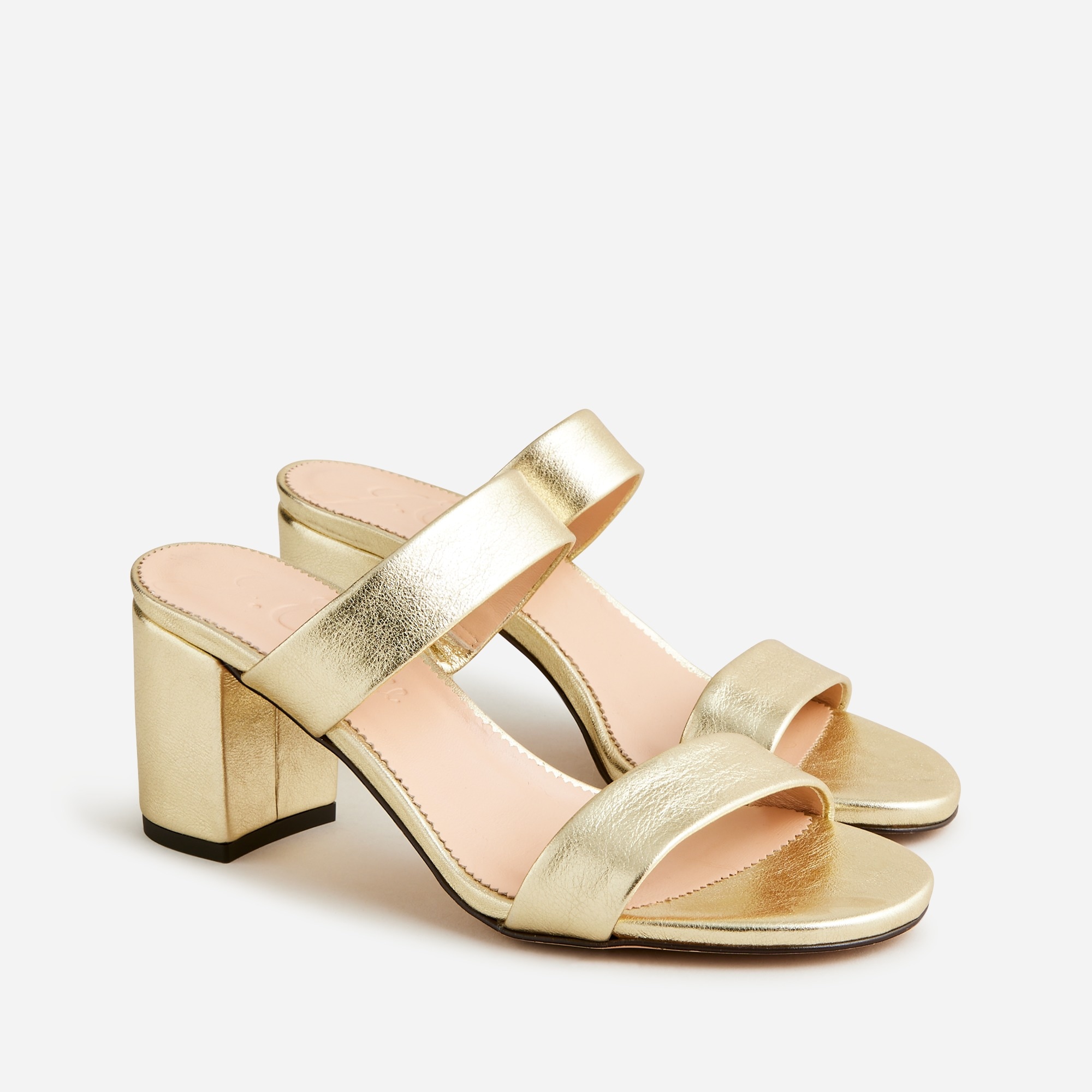 Lucie double-strap block-heel sandals in Italian metallic leather