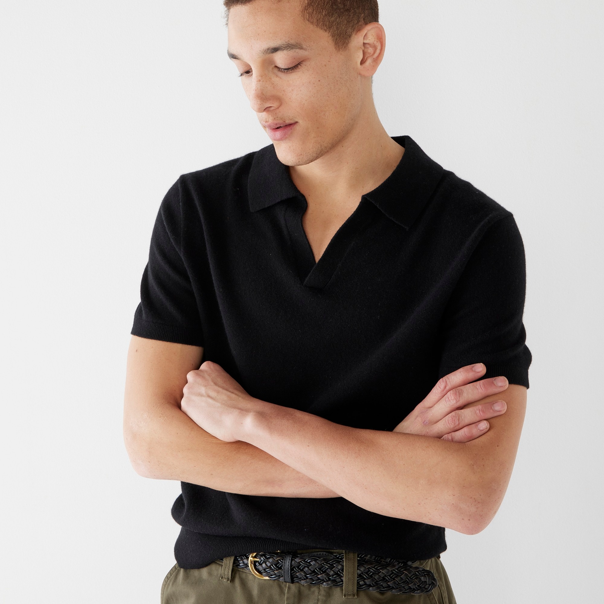 Cashmere short-sleeve johnny-collar sweater-polo