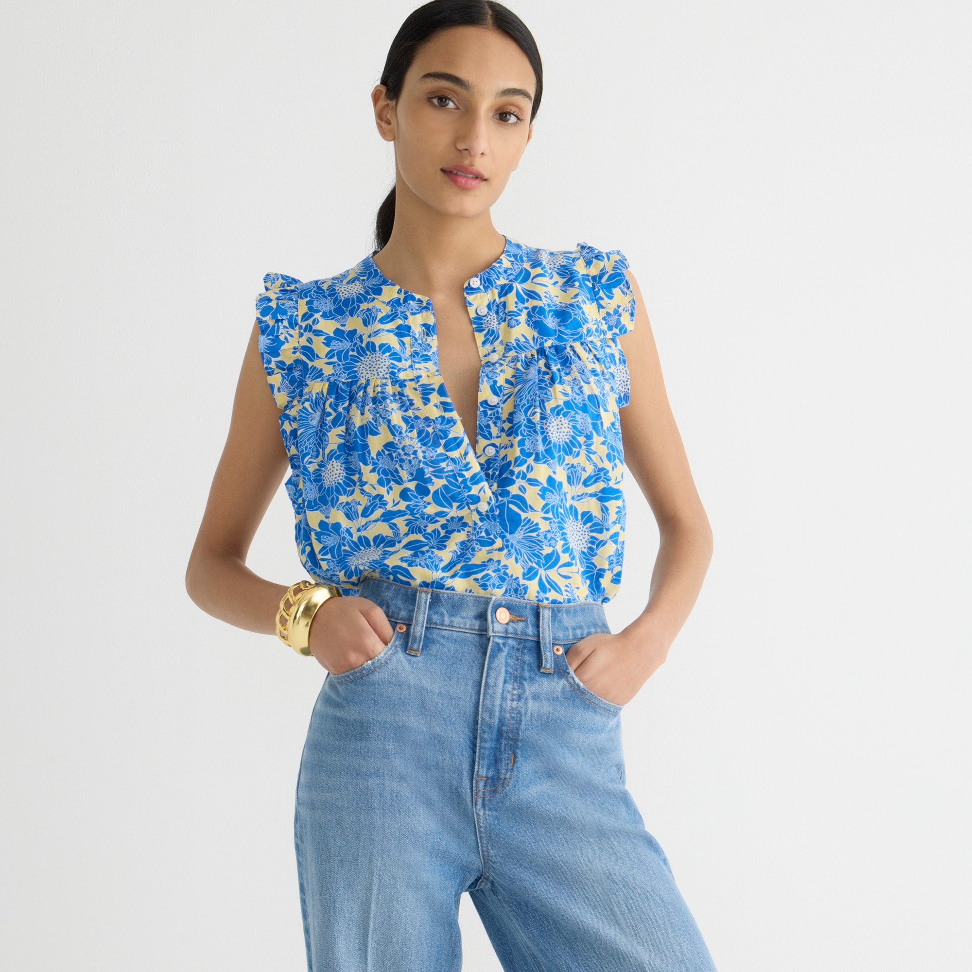 Sleeveless ruffle-trim top in blue floral
