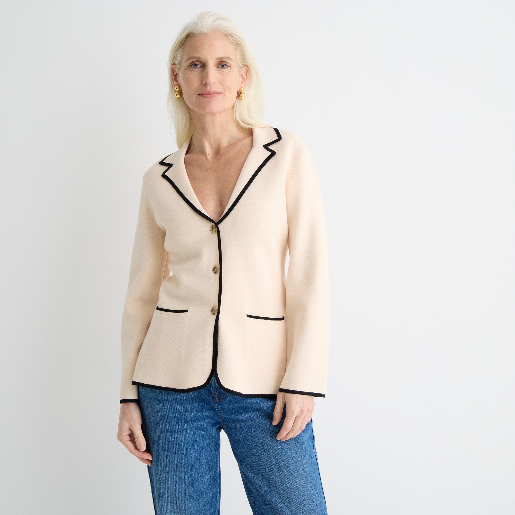 Contrast-trim waisted sweater-blazer