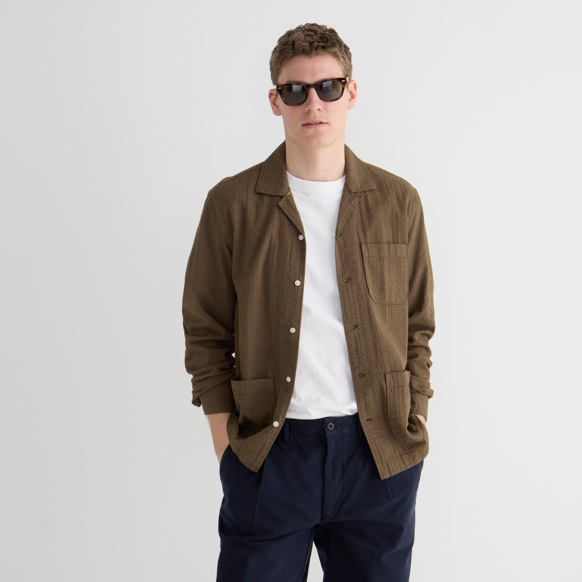Organic seersucker three-pocket camp-collar shirt