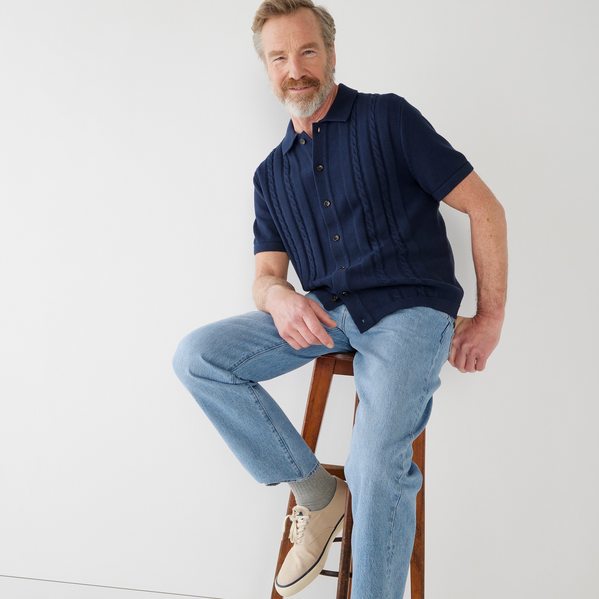 Cotton cable-knit short-sleeve polo cardigan sweater