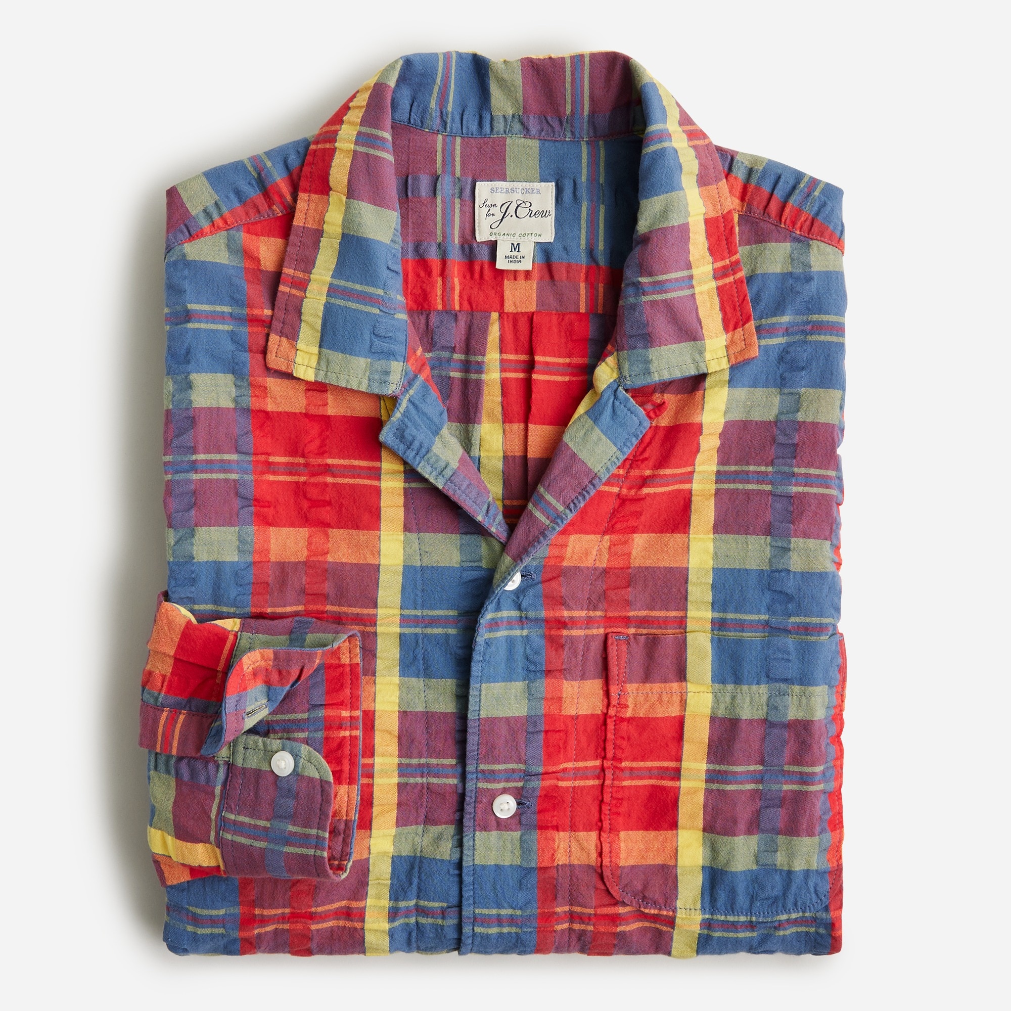 Organic seersucker three-pocket camp-collar shirt