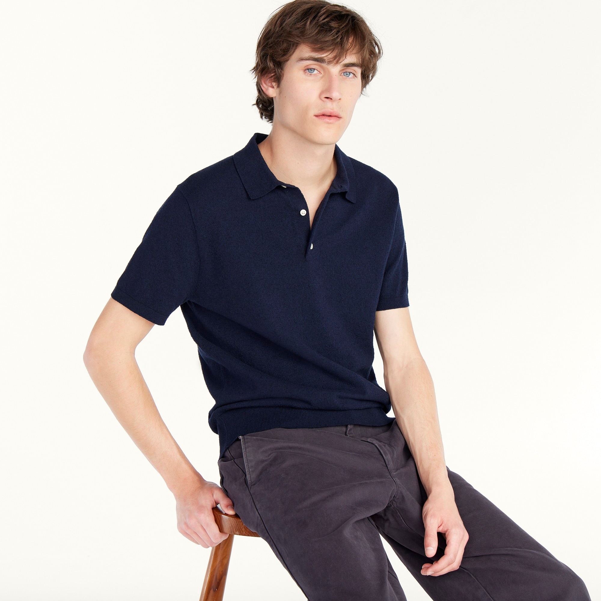Organic cotton-blend bouclé short-sleeve sweater-polo