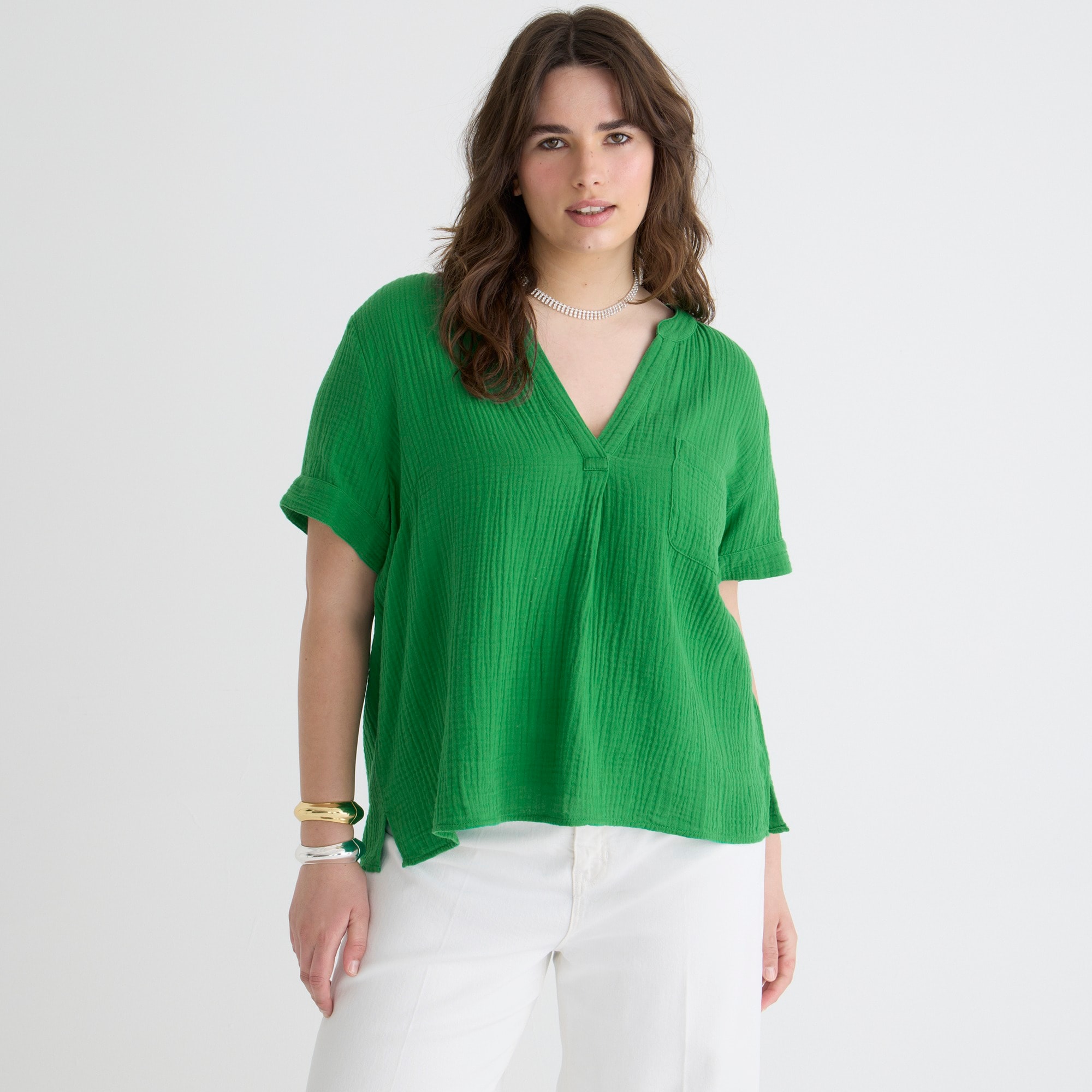 V-neck soft gauze popover