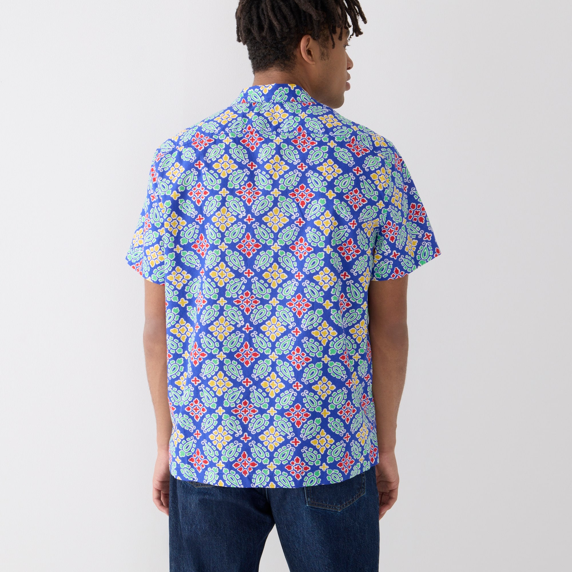 Short-sleeve slub cotton camp-collar shirt in print
