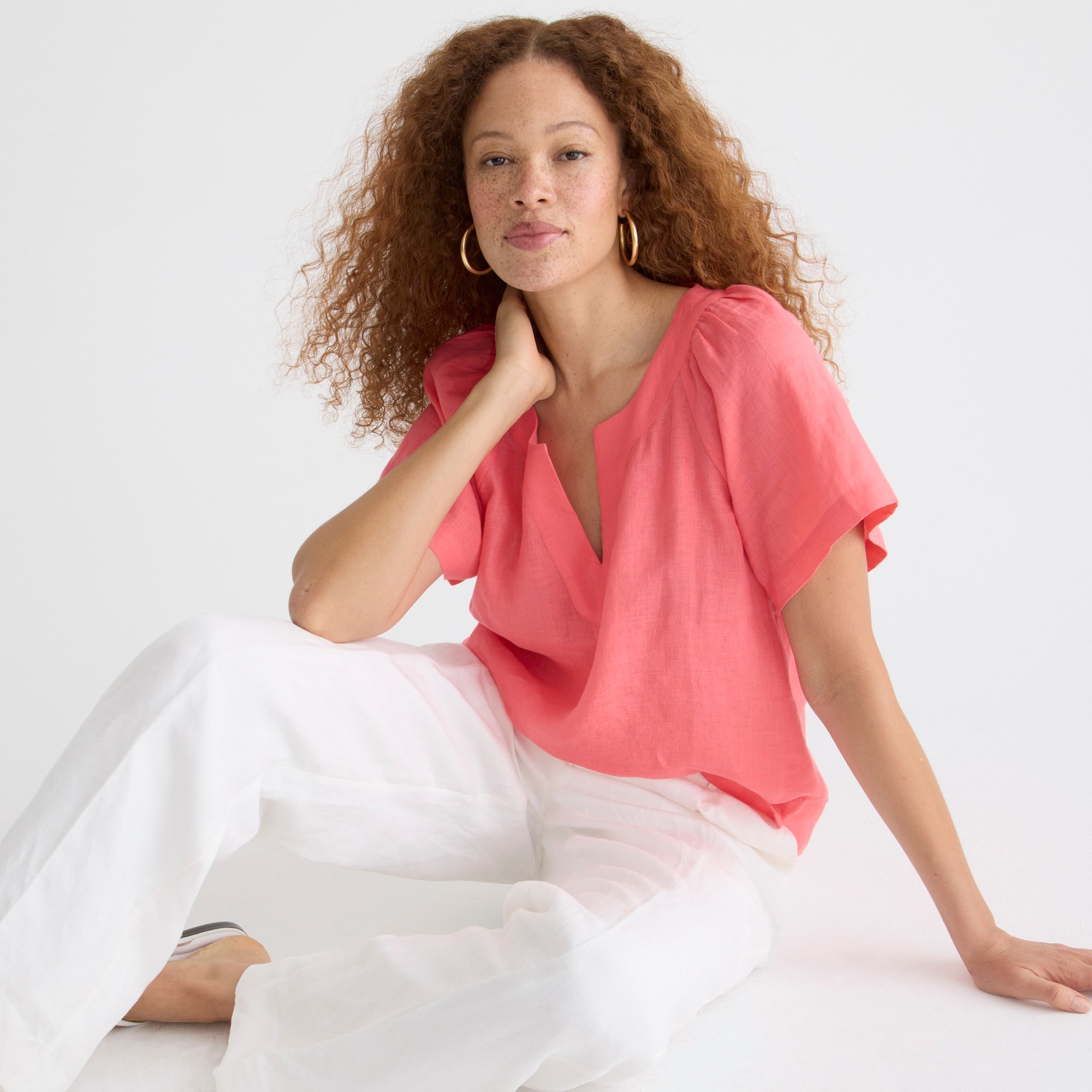 Flutter-sleeve linen V-neck top