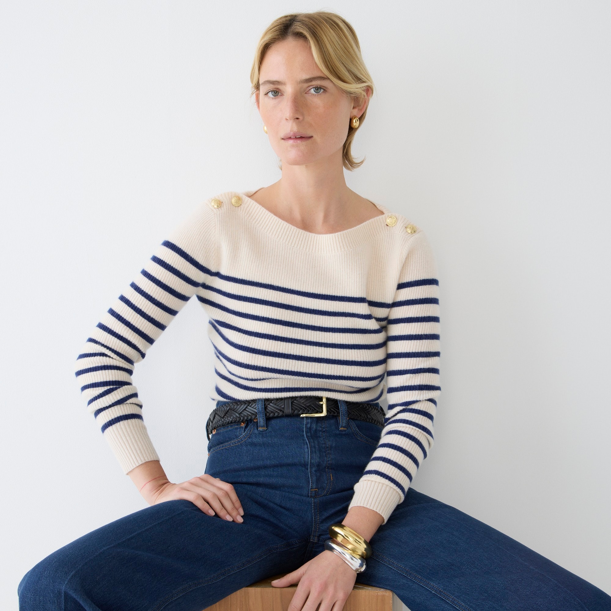 Cashmere boatneck pullover sweater in stripe