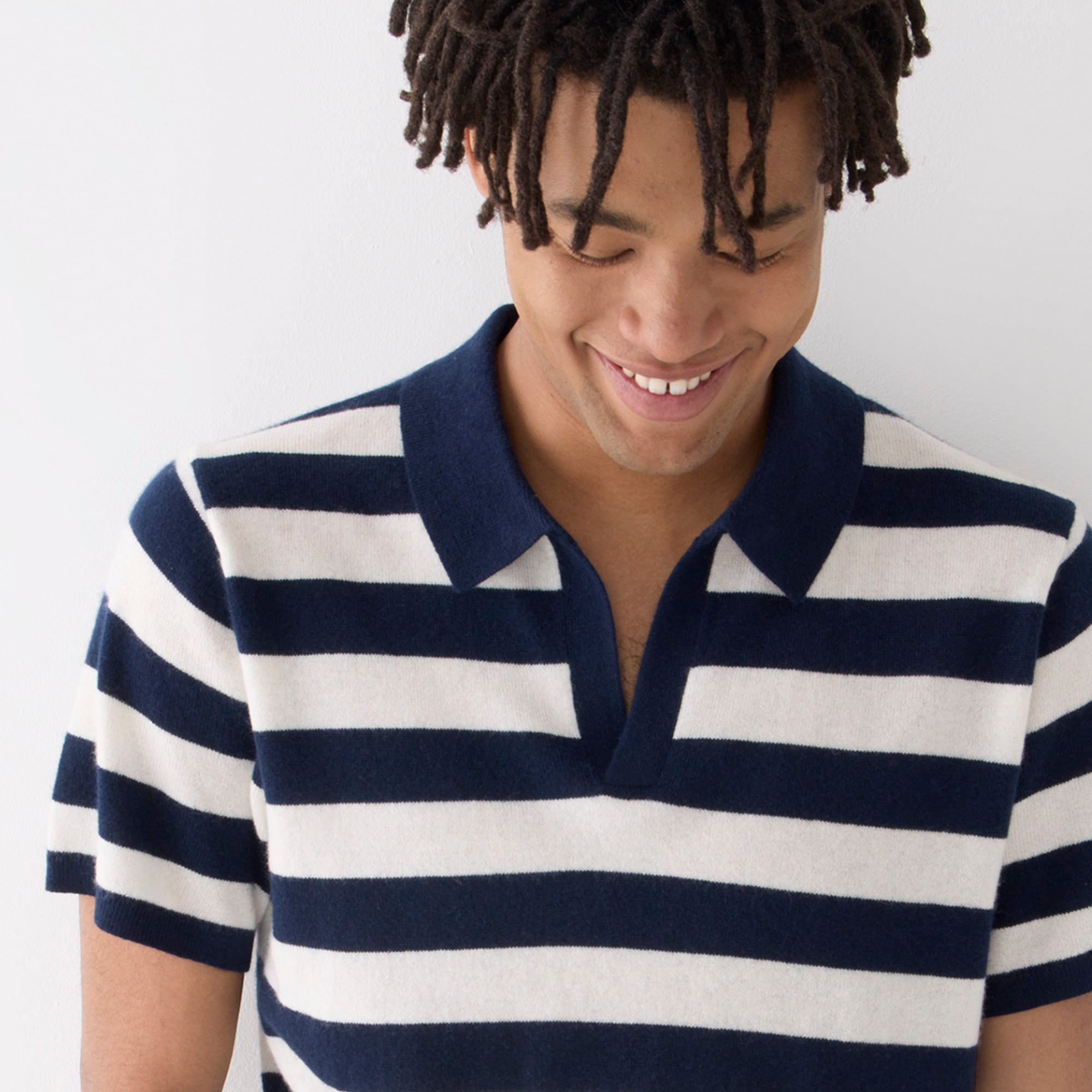 Cashmere short-sleeve johnny-collar sweater in stripe