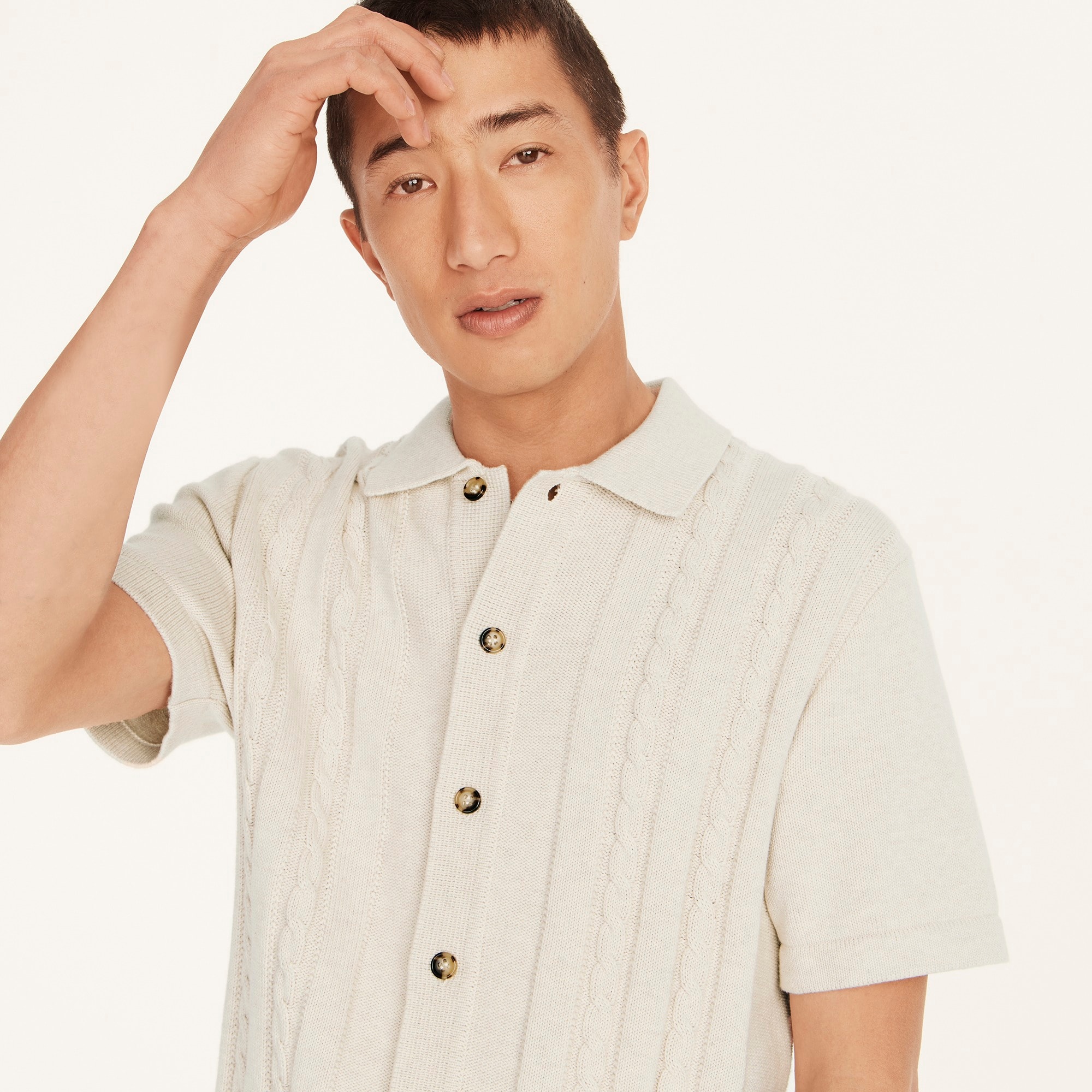 Cotton cable-knit short-sleeve polo cardigan sweater