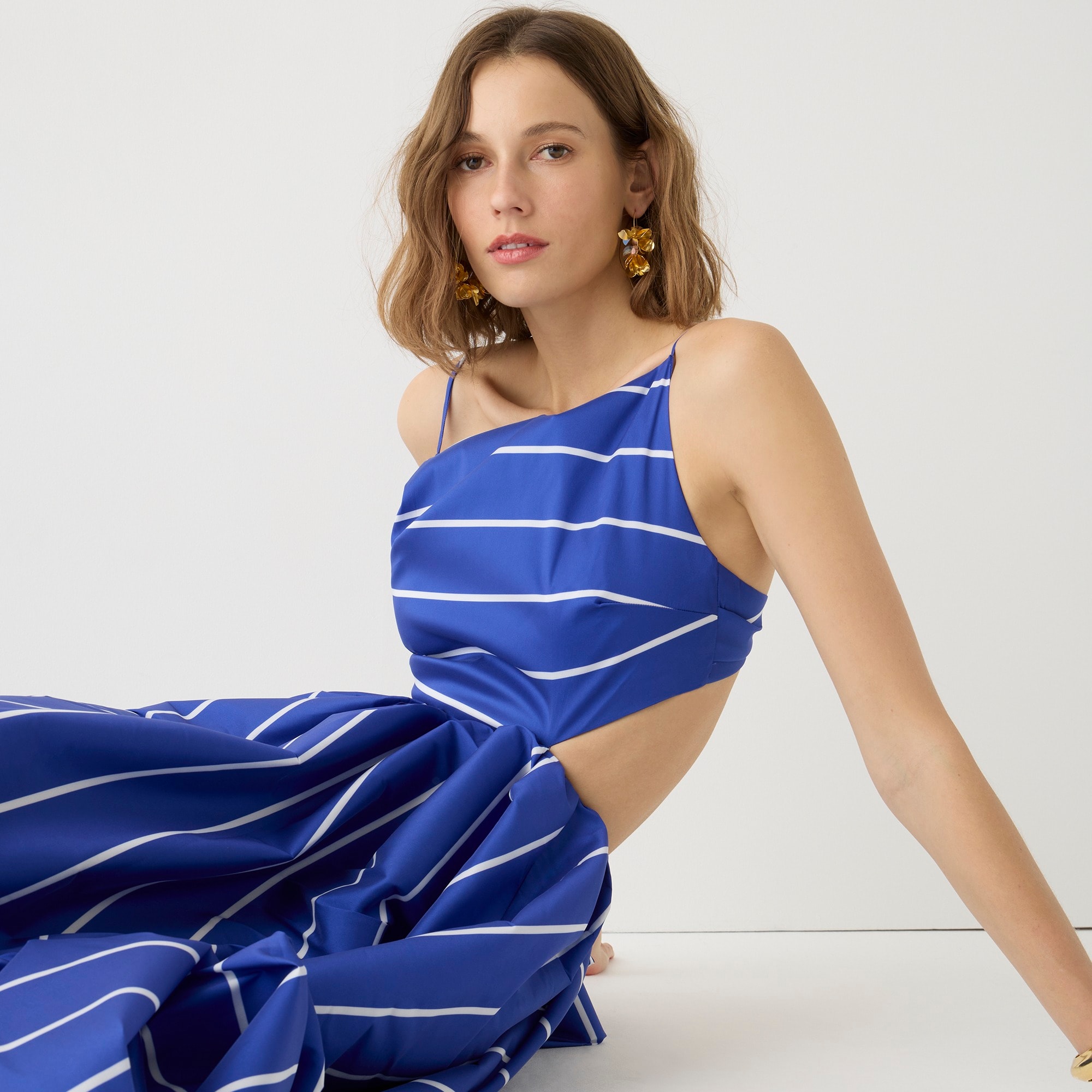 Collection side-cutout midi dress in striped taffeta