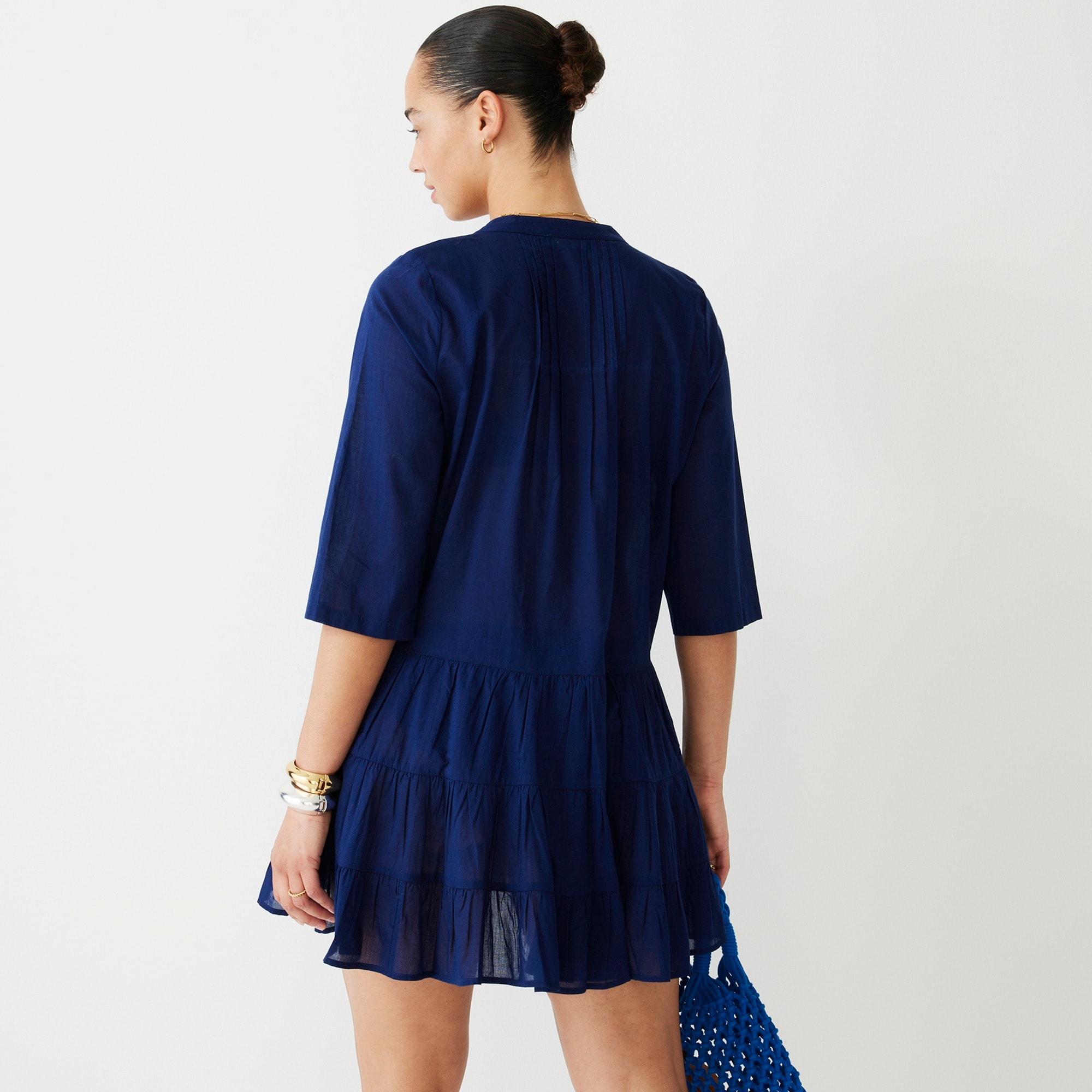 Button-front tiered cover-up dress in cotton voile
