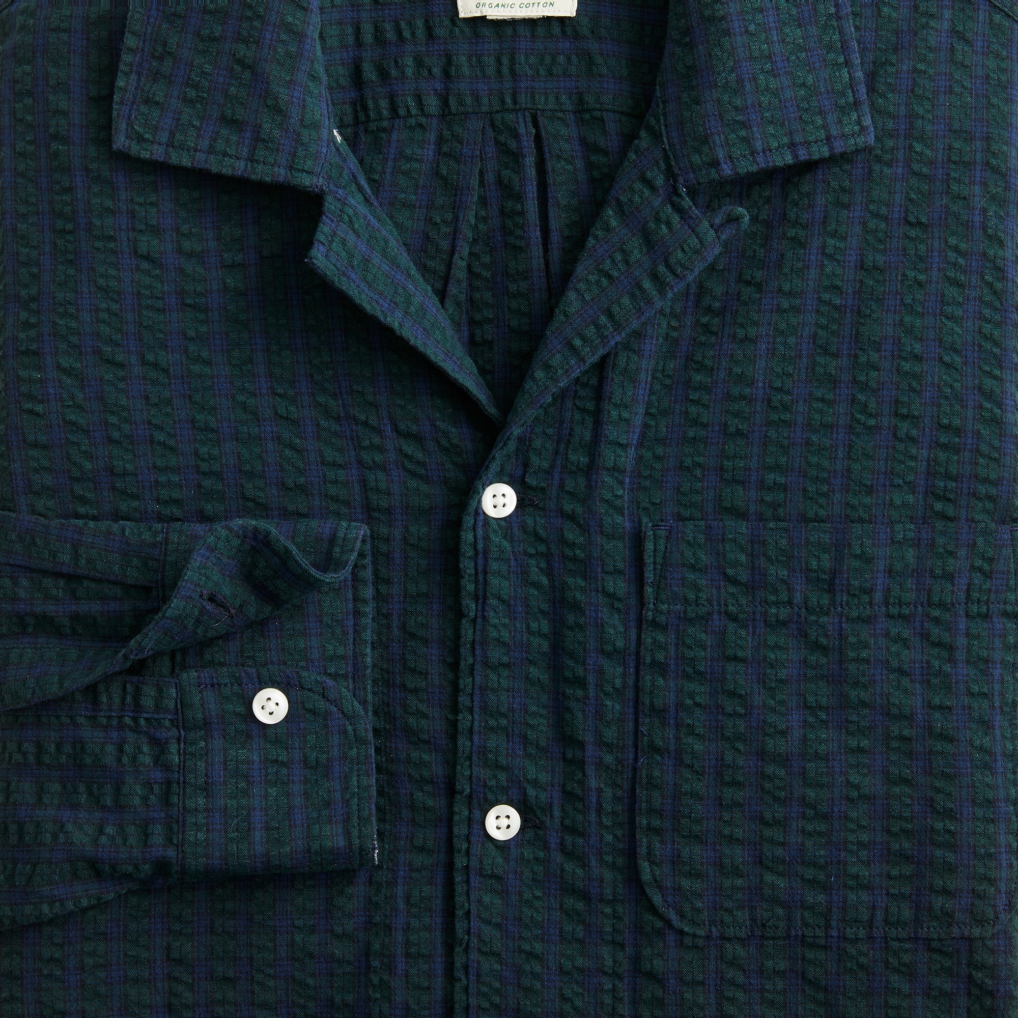 Organic seersucker three-pocket camp-collar shirt
