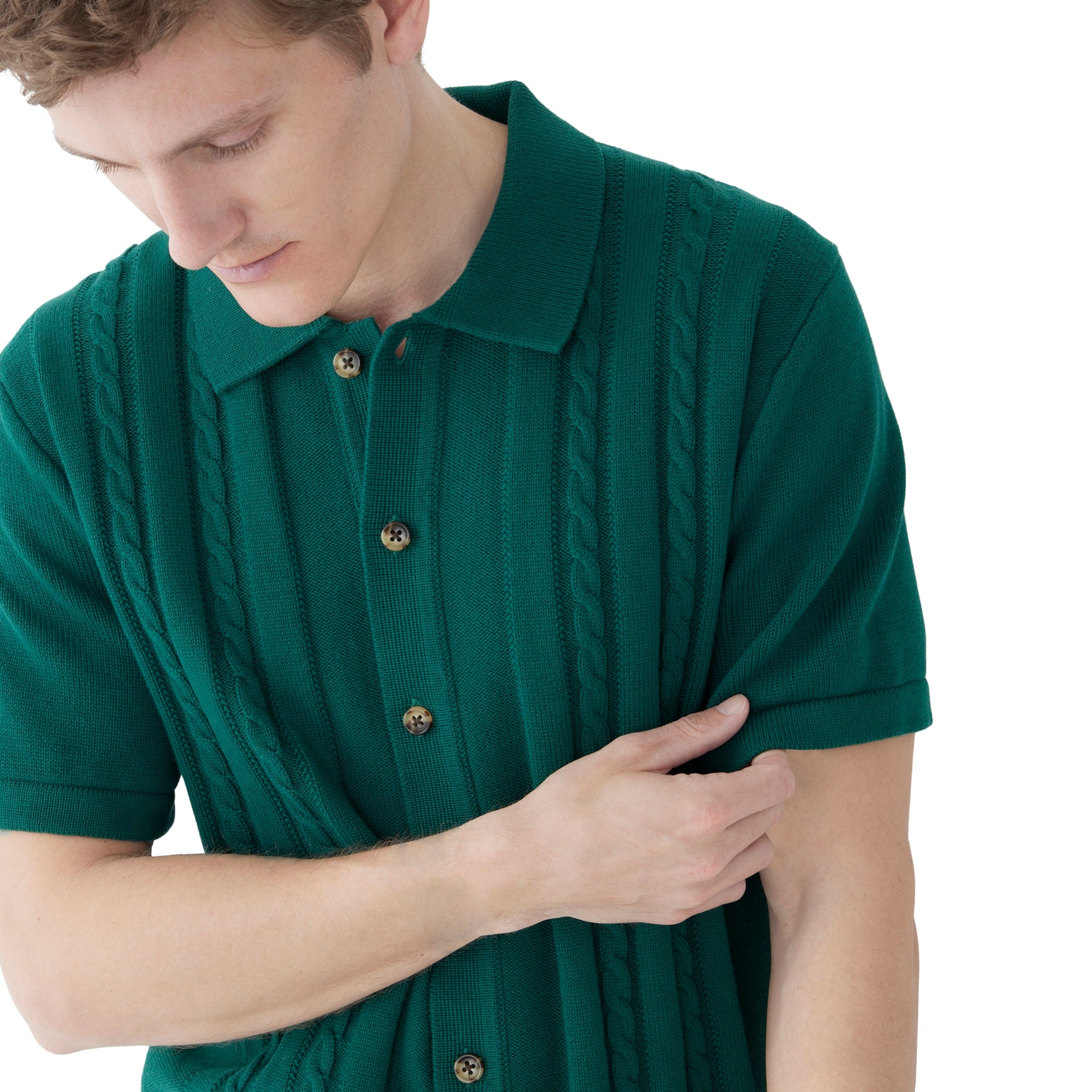 Short-sleeve cotton cable-knit cardigan sweater-polo