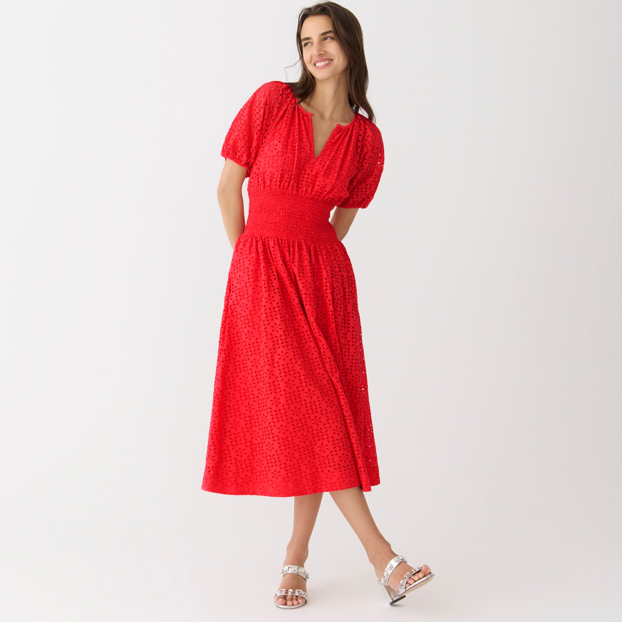 Provence smocked-waist midi dress in eyelet