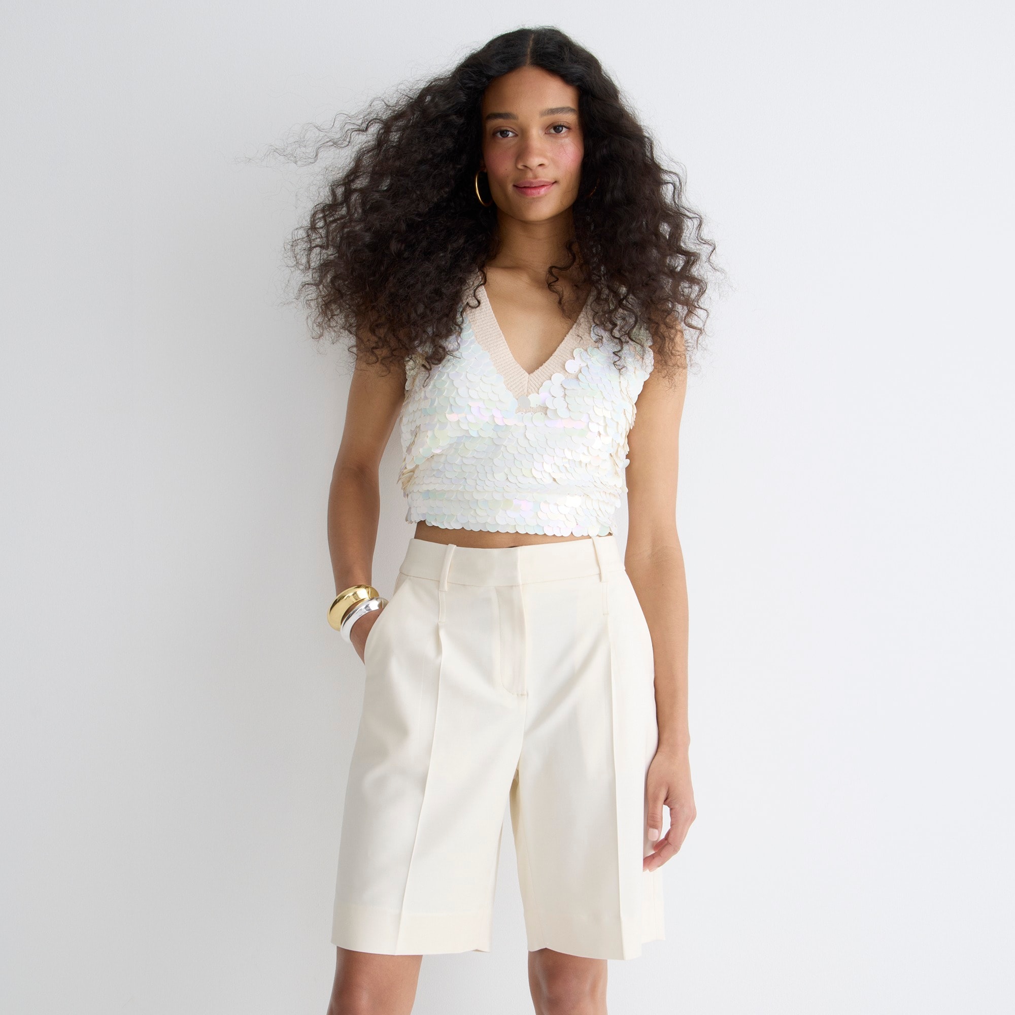 High-rise trouser short in drapey twill