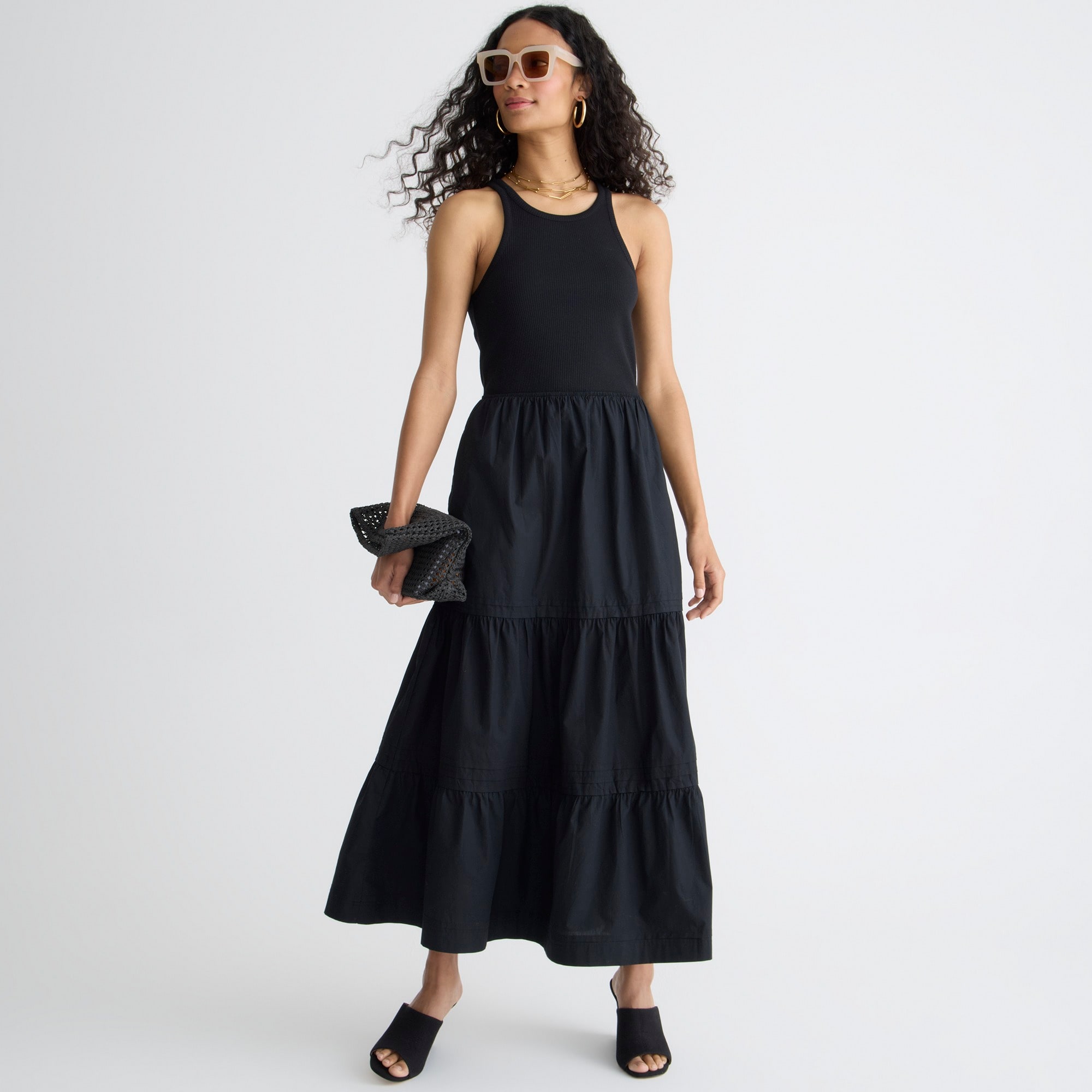 Vintage rib high-neck cutaway tank dress with poplin skirt