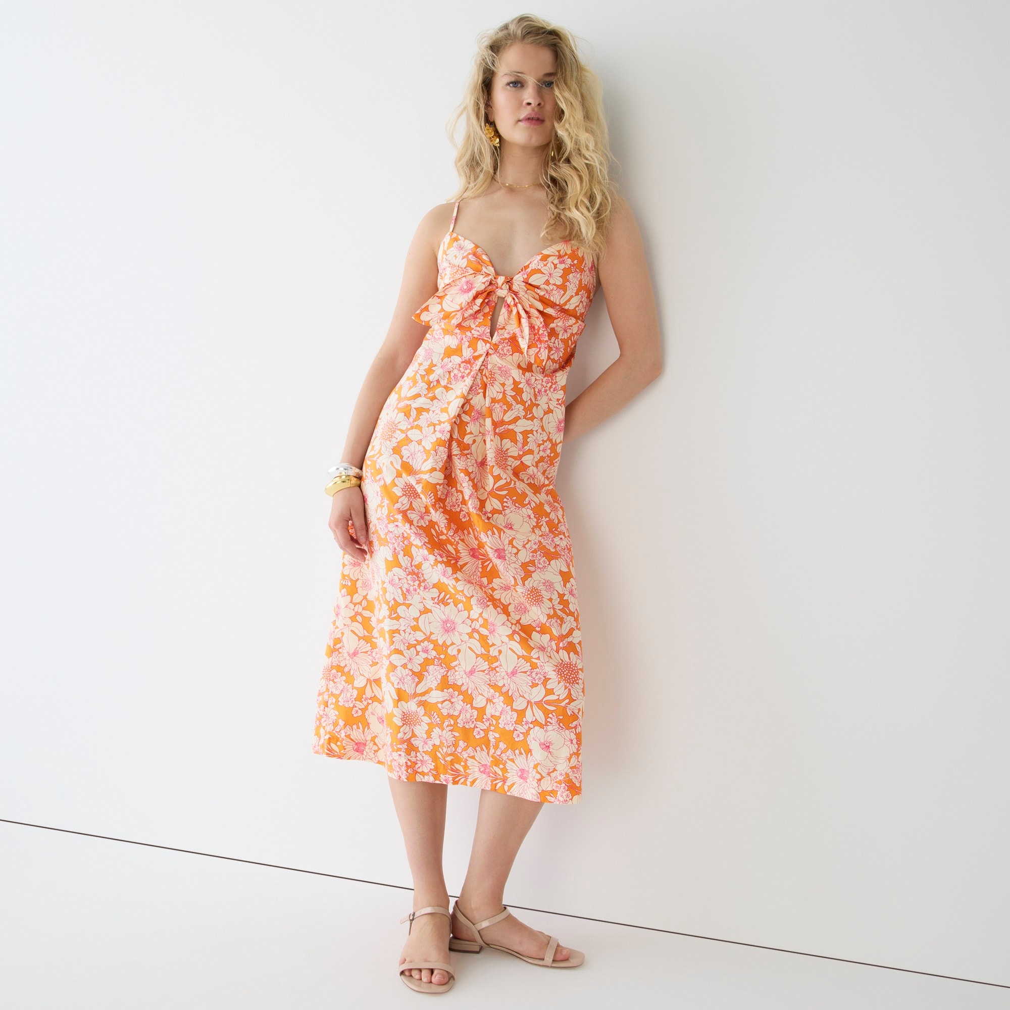 Tie-front cotton poplin midi dress in orange floral