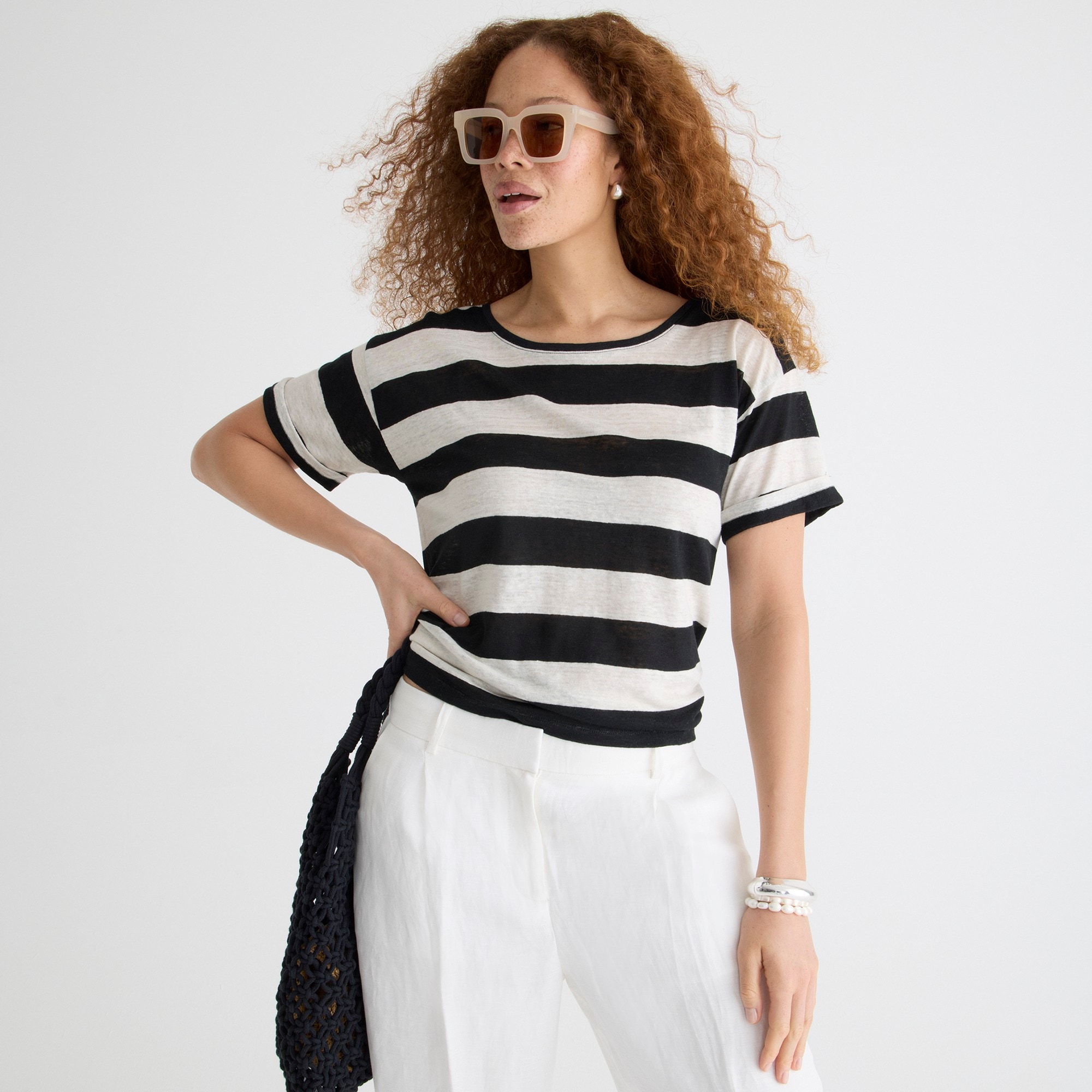 Linen roll-cuff crewneck T-shirt in stripe
