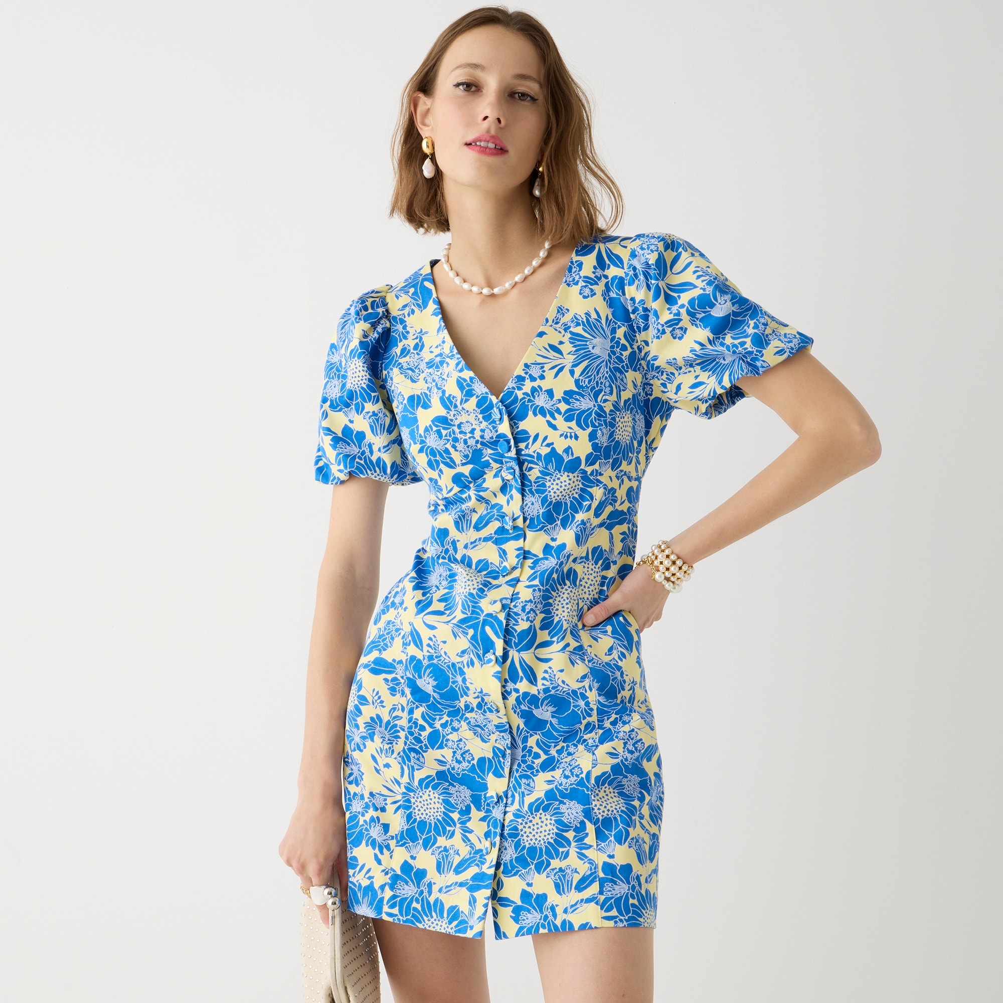 Button-front puff-sleeve mini dress in blue floral twill