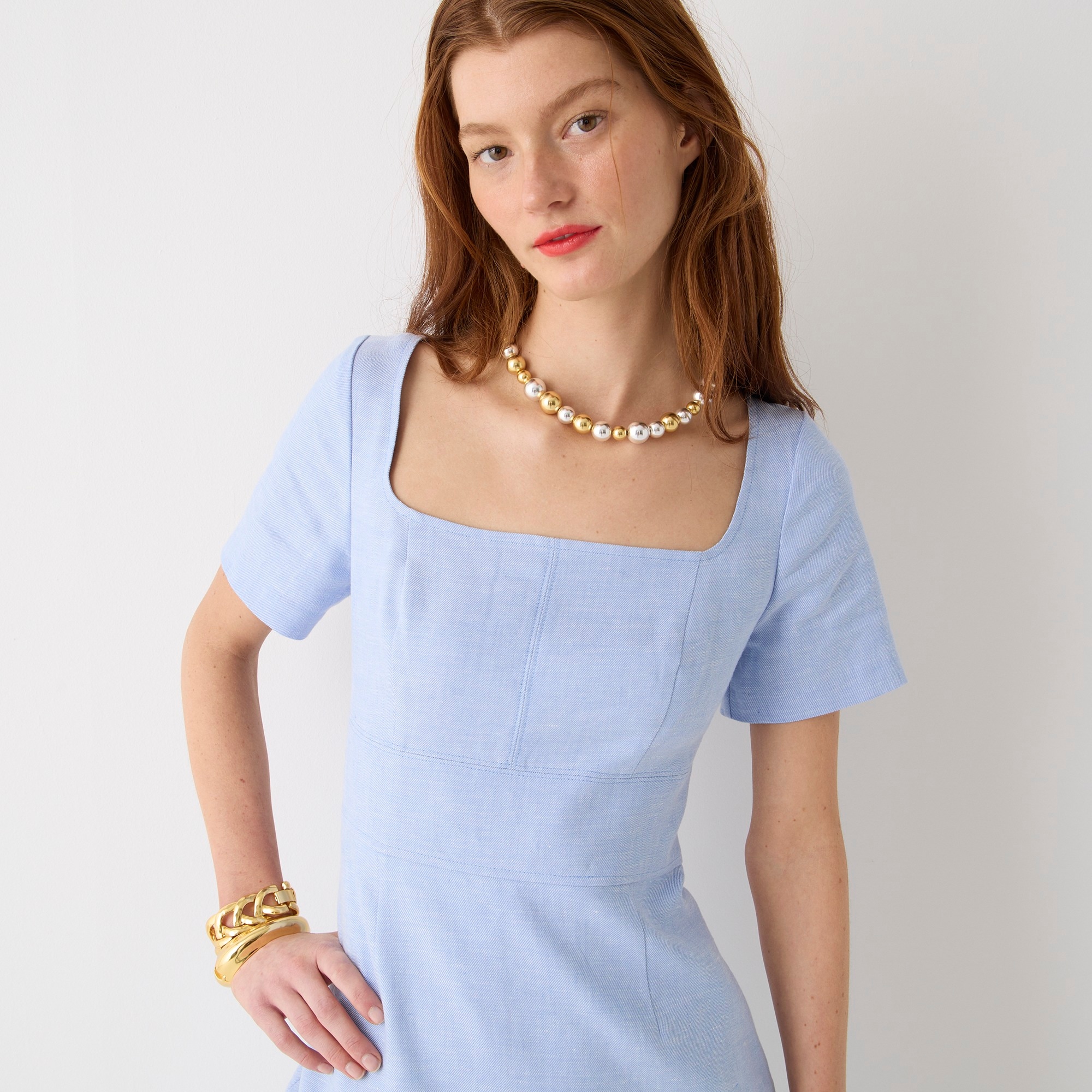 Squareneck sheath dress in stretch linen blend