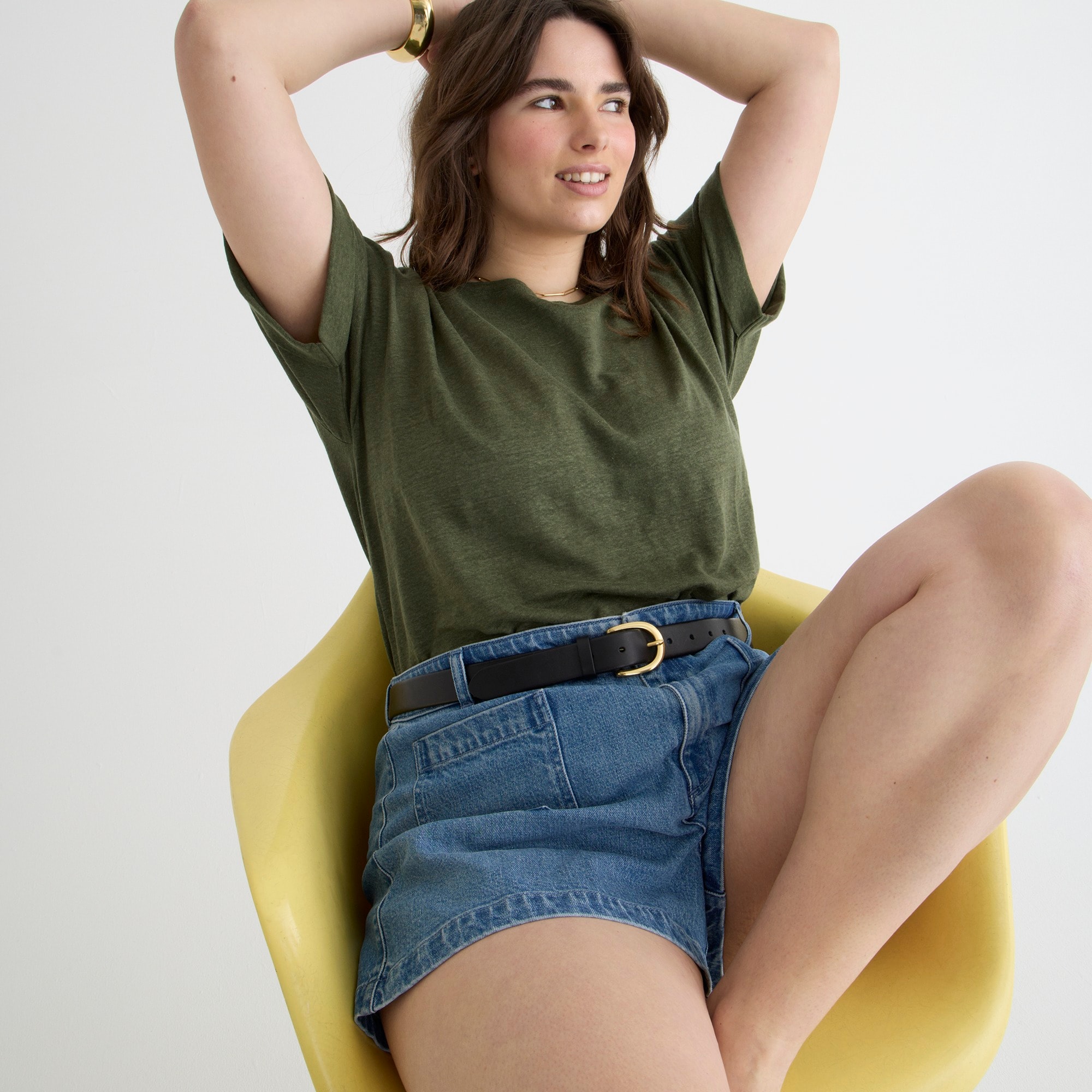 Linen roll-cuff crewneck T-shirt