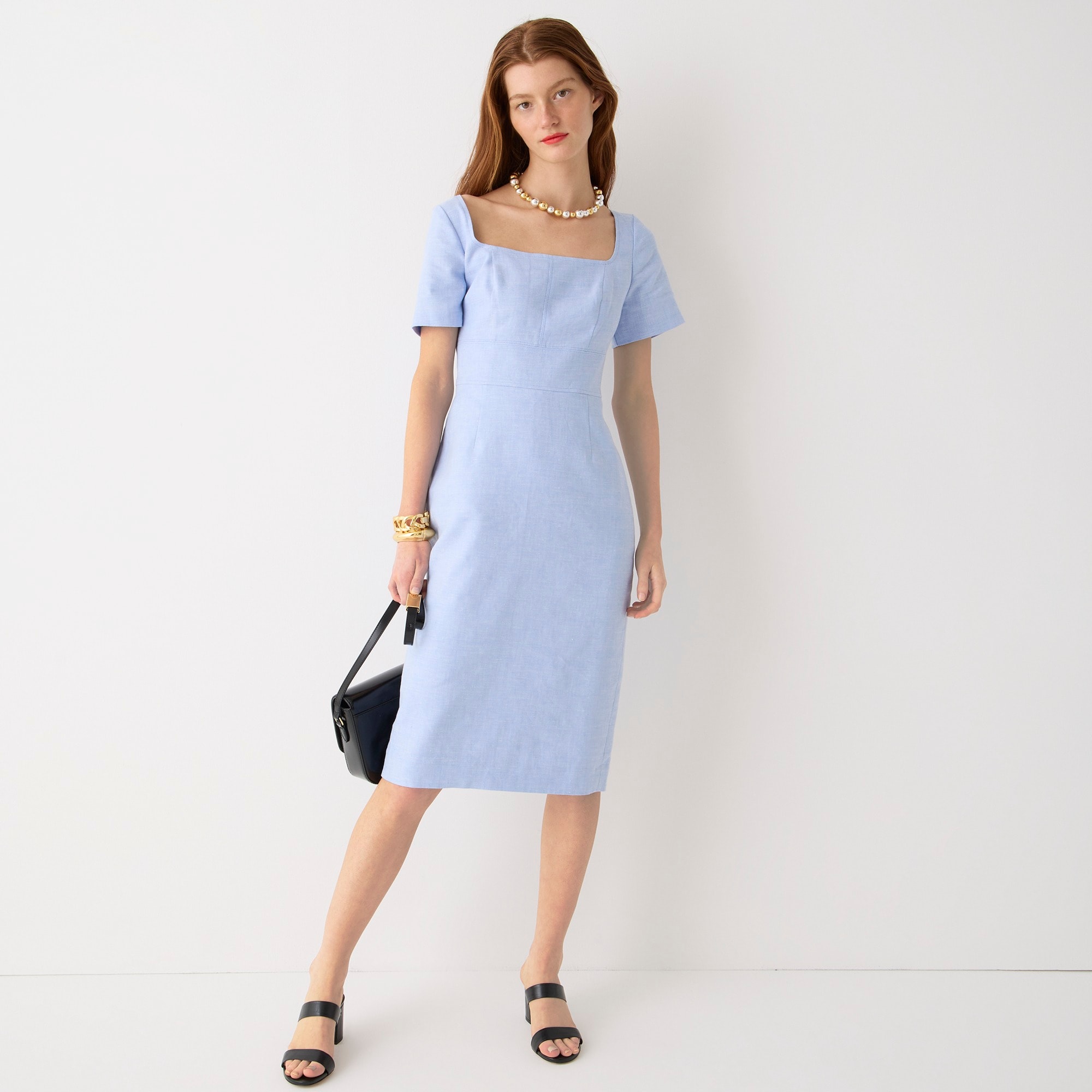Squareneck sheath dress in stretch linen blend