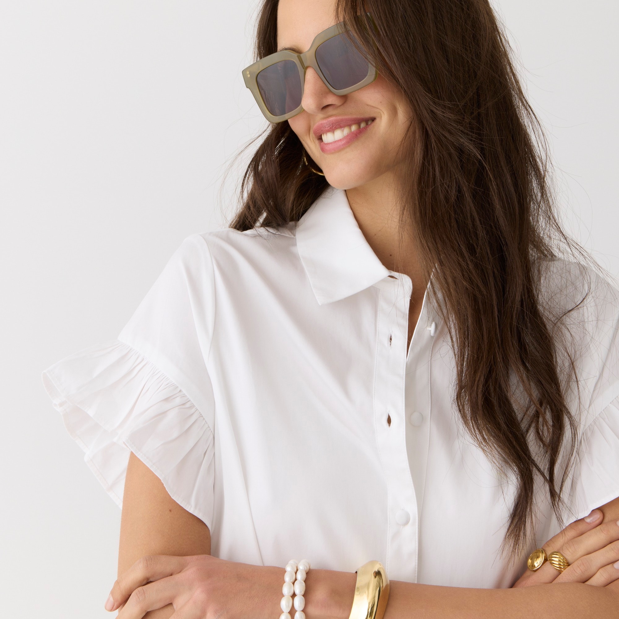 Ruffle-hem shirtdress in cotton poplin