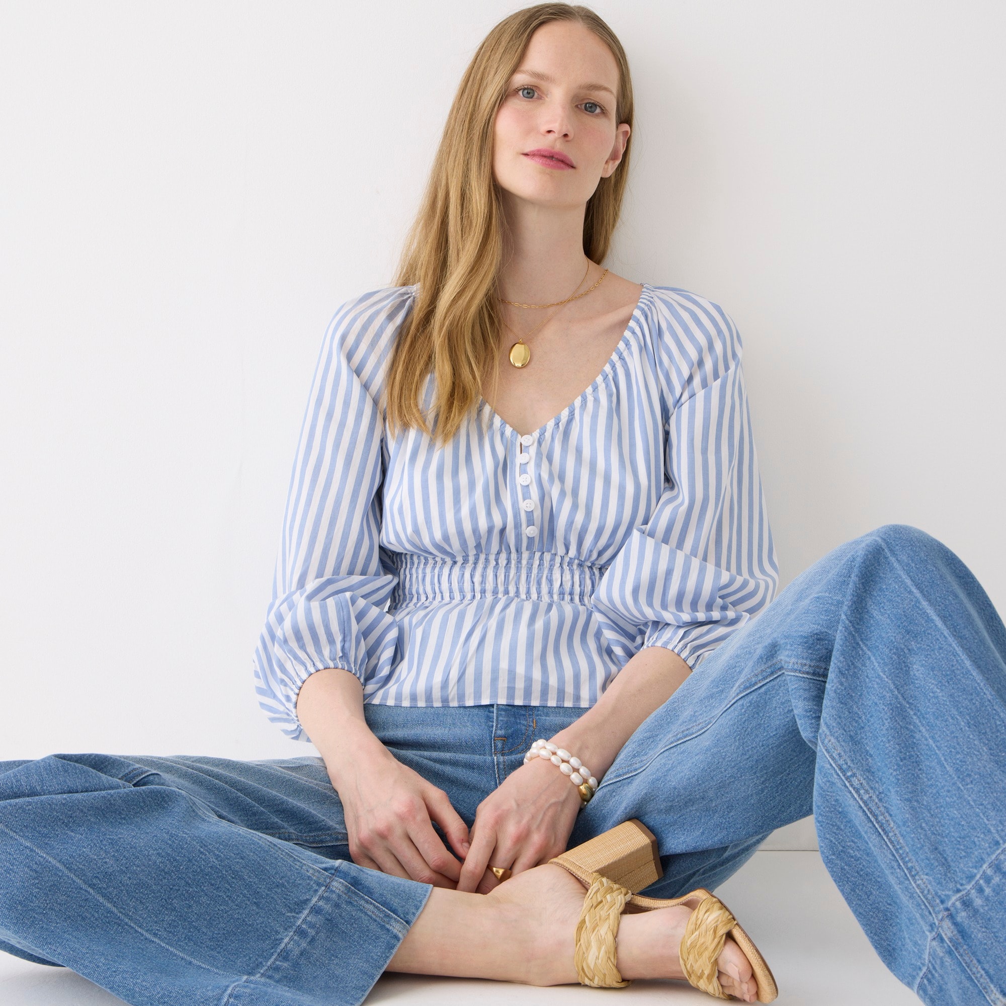 V-neck smocked-waist top in stripe cotton lawn