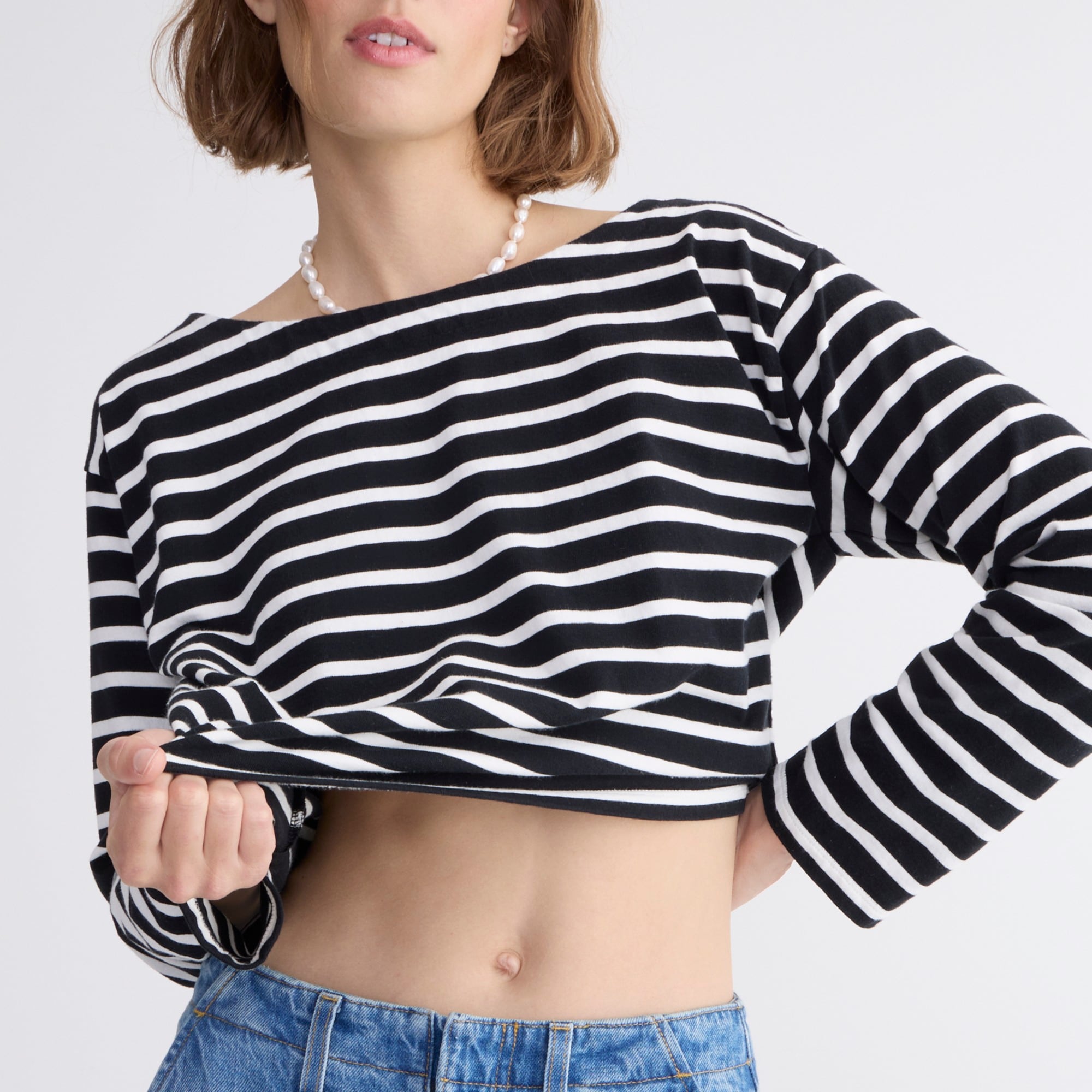 Cropped boatneck T-shirt in stripe
