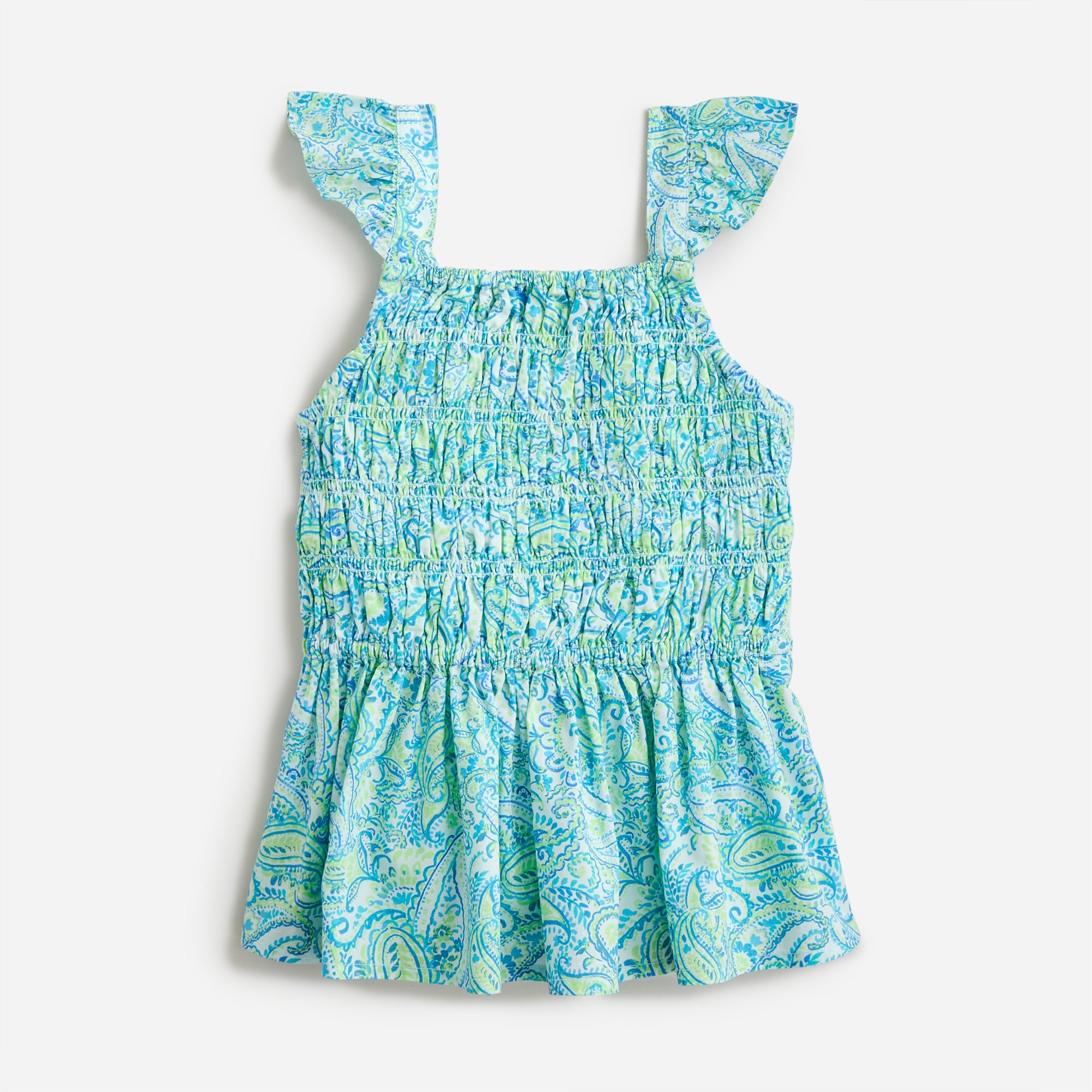 Girls' flutter-sleeve smocked tank top in paisley