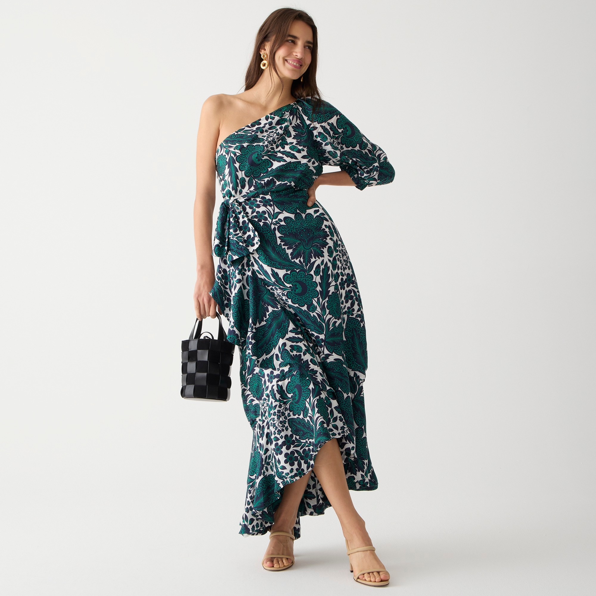 Collection one-shoulder ruffle-hem dress in emerald floral