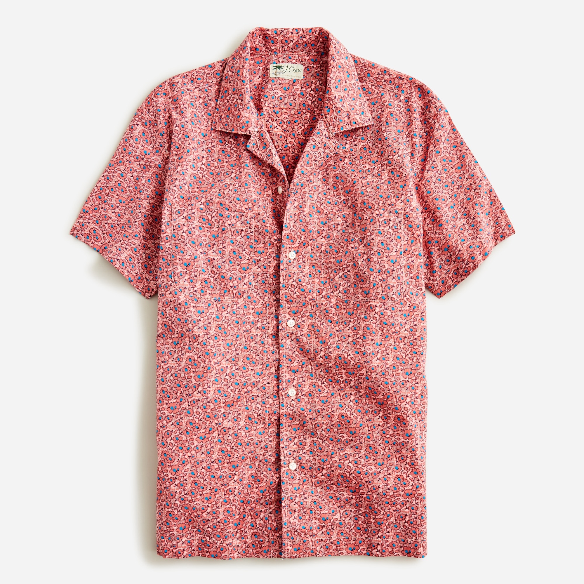 Short-sleeve slub cotton camp-collar shirt in print