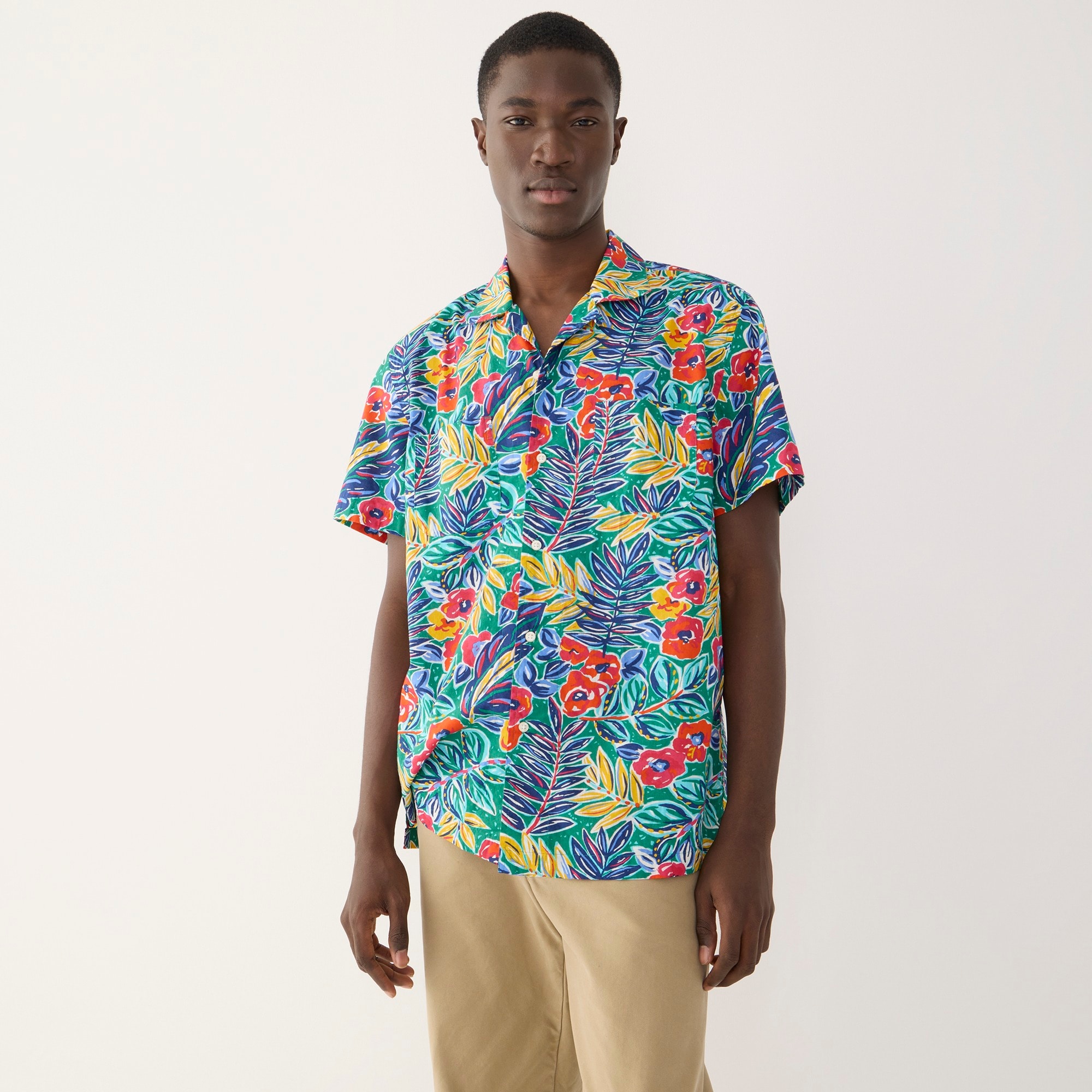 Short-sleeve slub cotton camp-collar shirt in print
