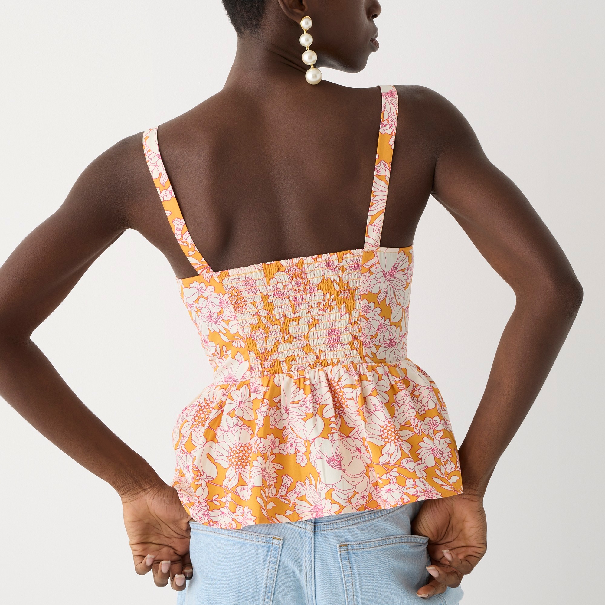 Tie-front button-up peplum top in floral cotton poplin