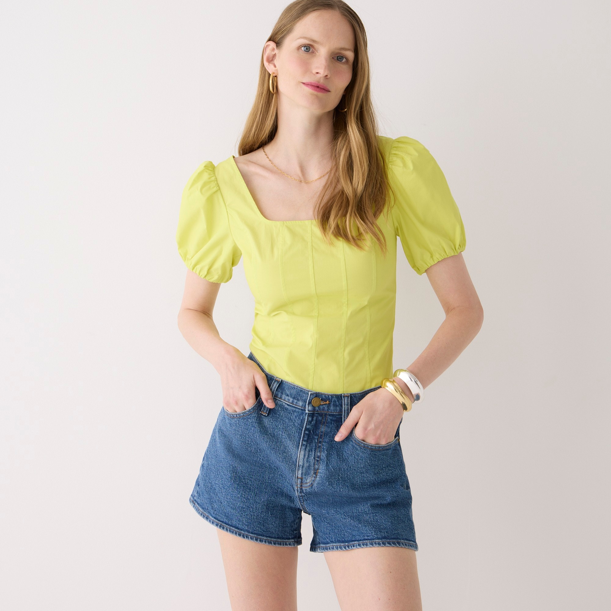 Puff-sleeve squareneck top in cotton poplin