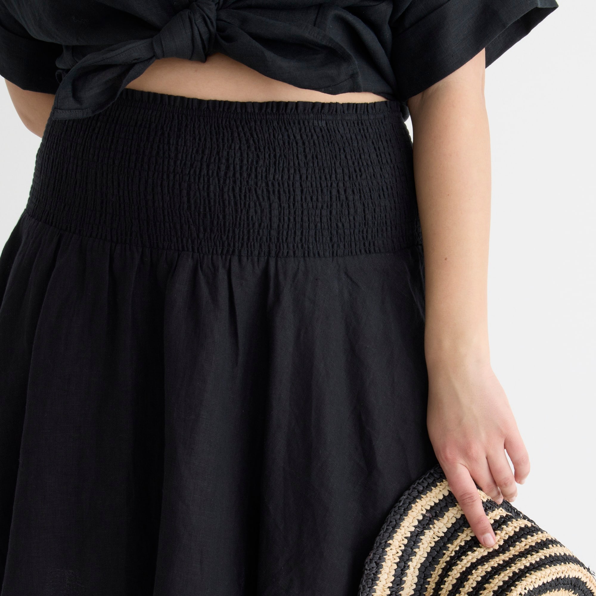 Smocked-waist linen mini skirt