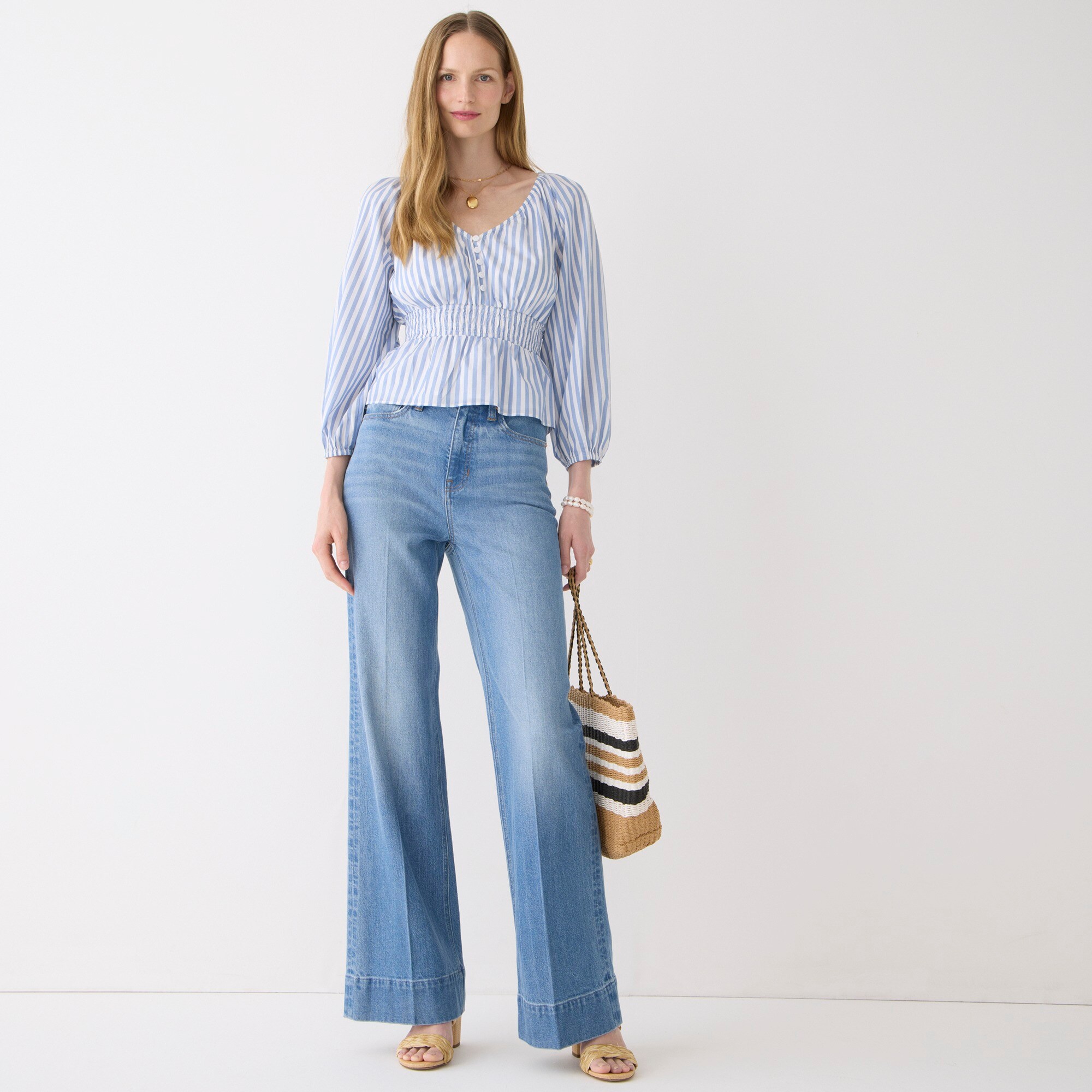 V-neck smocked-waist top in stripe cotton lawn
