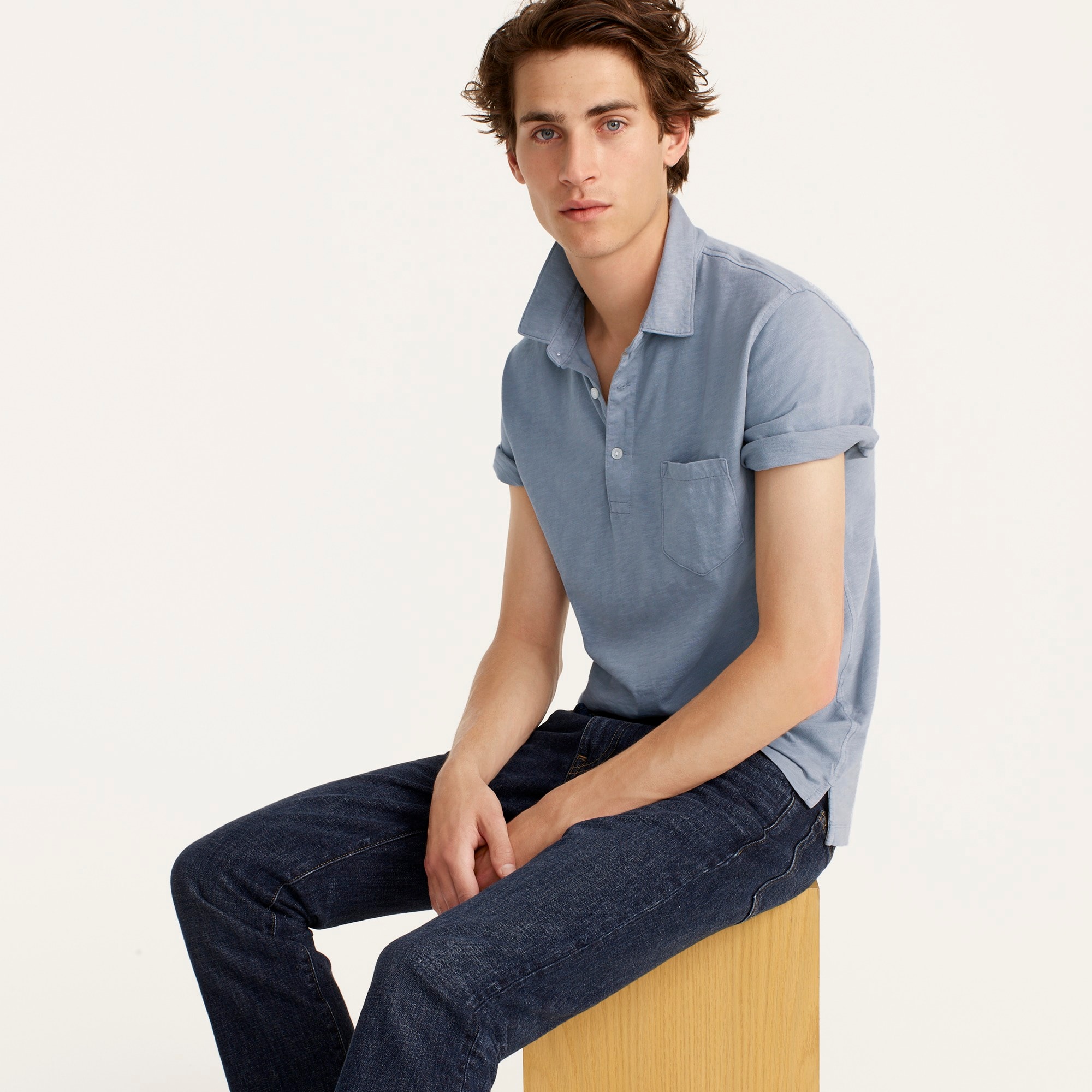 Garment-dyed slub cotton pocket polo shirt